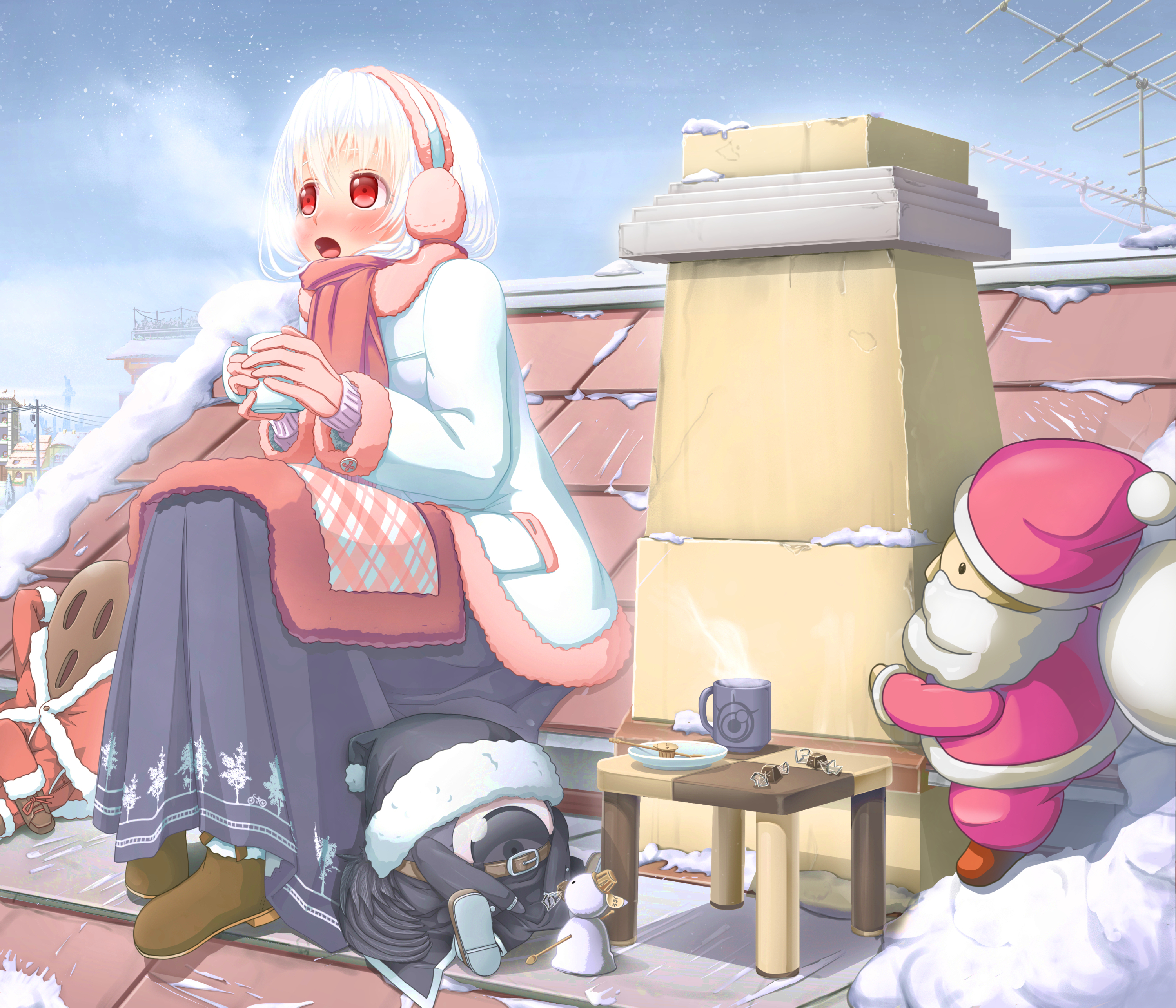 Girl in winter coat with Santa Claus on a snowy rooftop HD Wallpaper