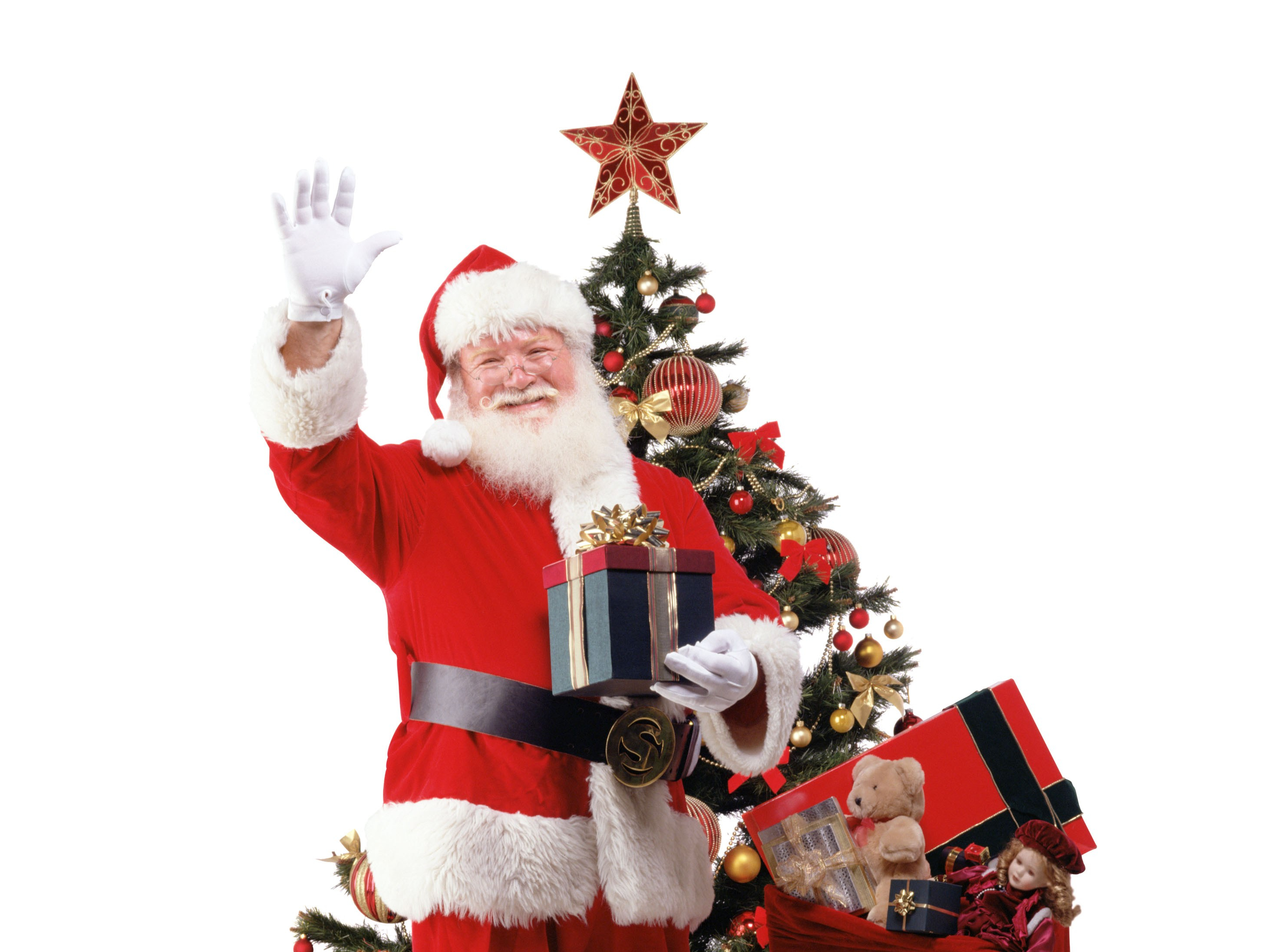 Santa Claus with Christmas Tree and Gifts HD Wallpaper