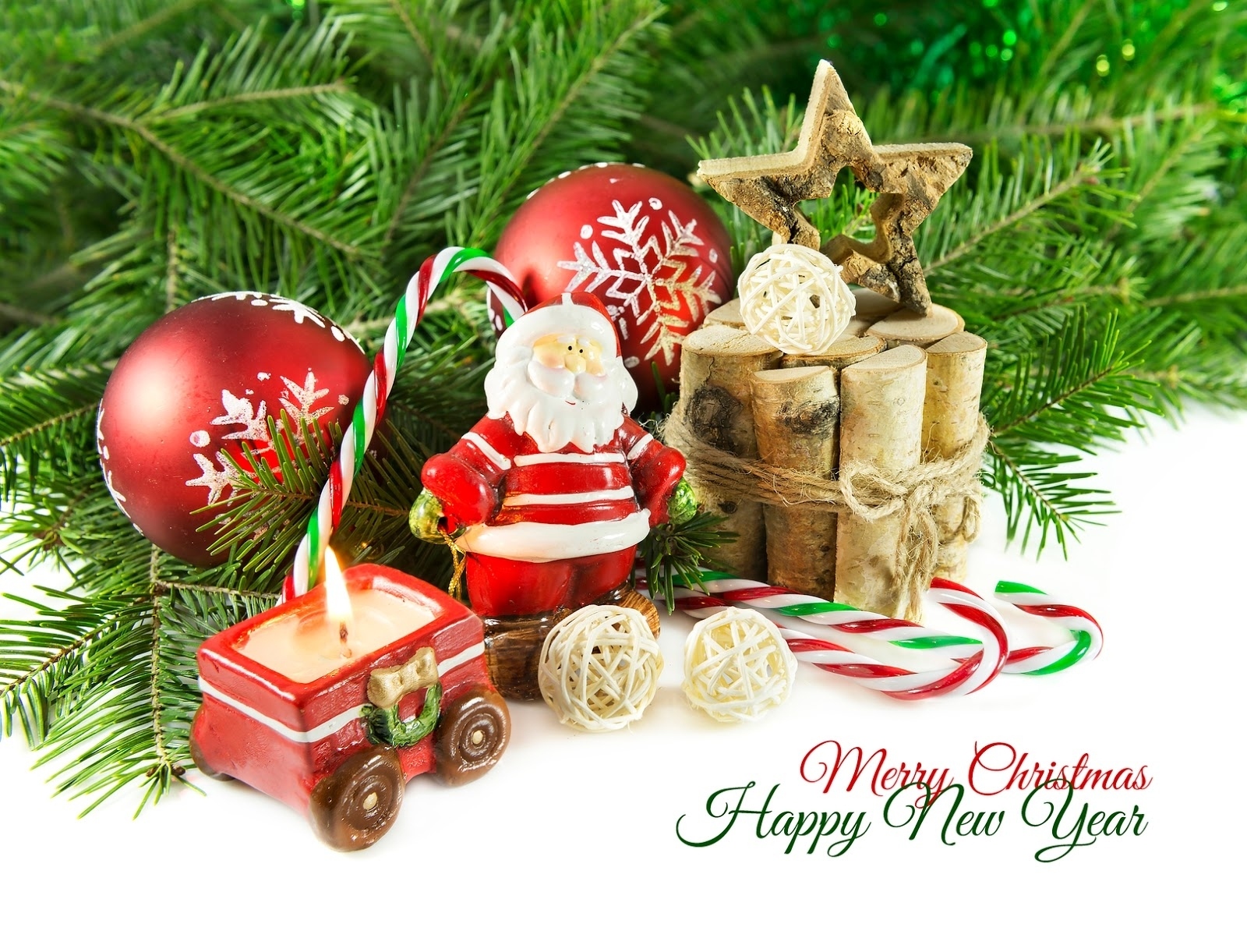 Christmas Decorations with Santa Claus and Ornaments HD Wallpaper