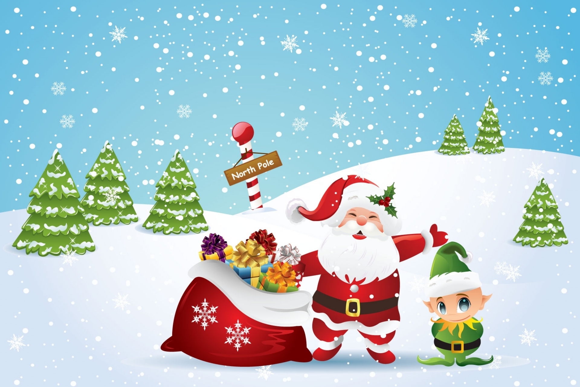 Santa Claus and Elf at the North Pole HD Wallpaper