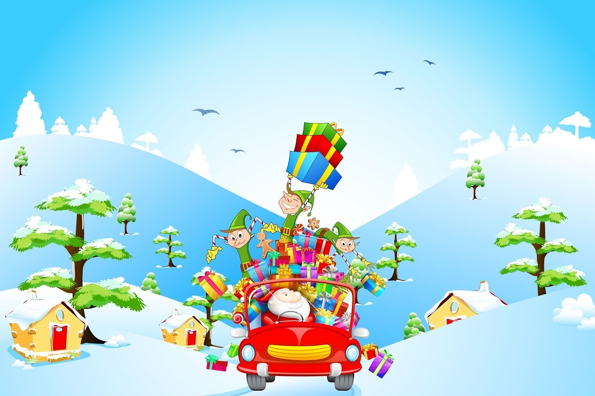 Santa Claus and elves delivering gifts in a car HD Wallpaper