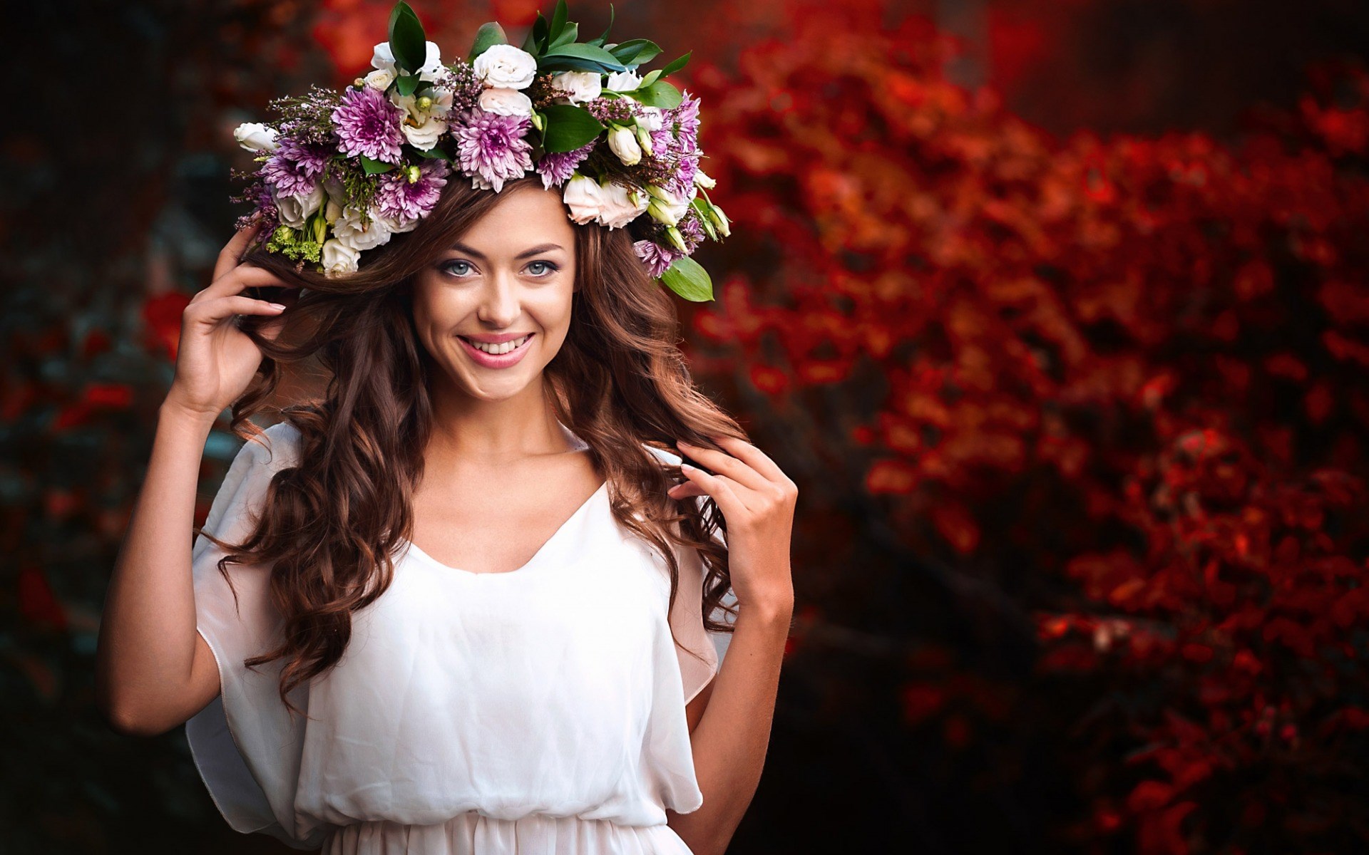 Woman with flower crown in white dress HD Wallpaper