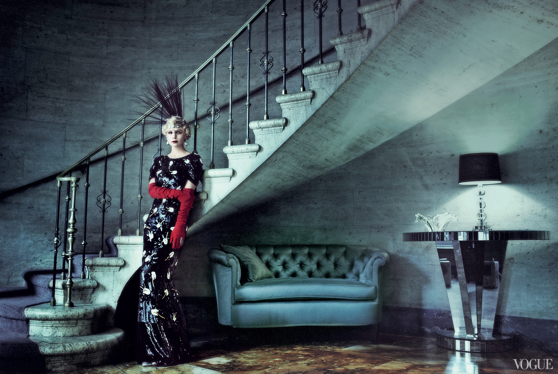 Carey Mulligan in a black floral dress and red gloves HD Wallpaper
