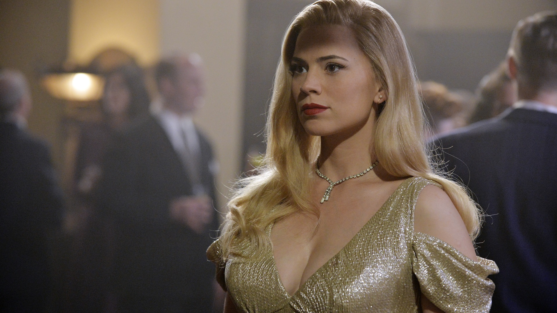 Hayley Atwell in a gold dress HD Wallpaper