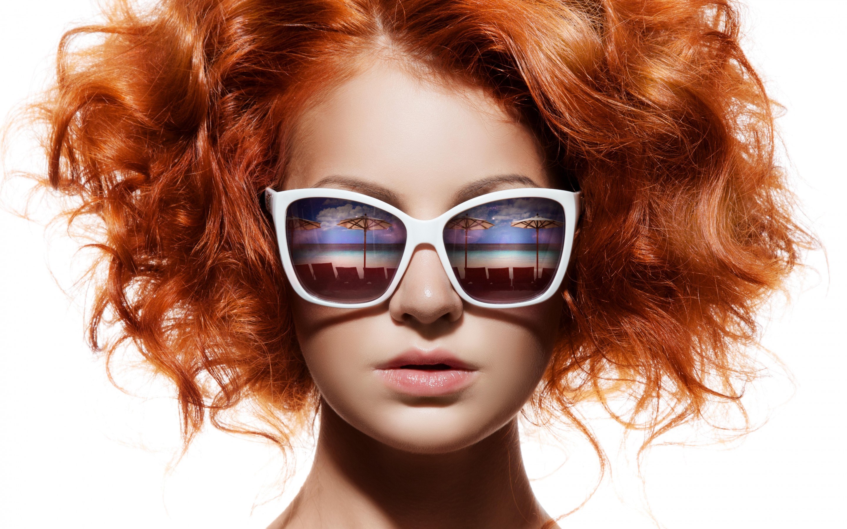 Woman with red curly hair wearing white sunglasses HD Wallpaper
