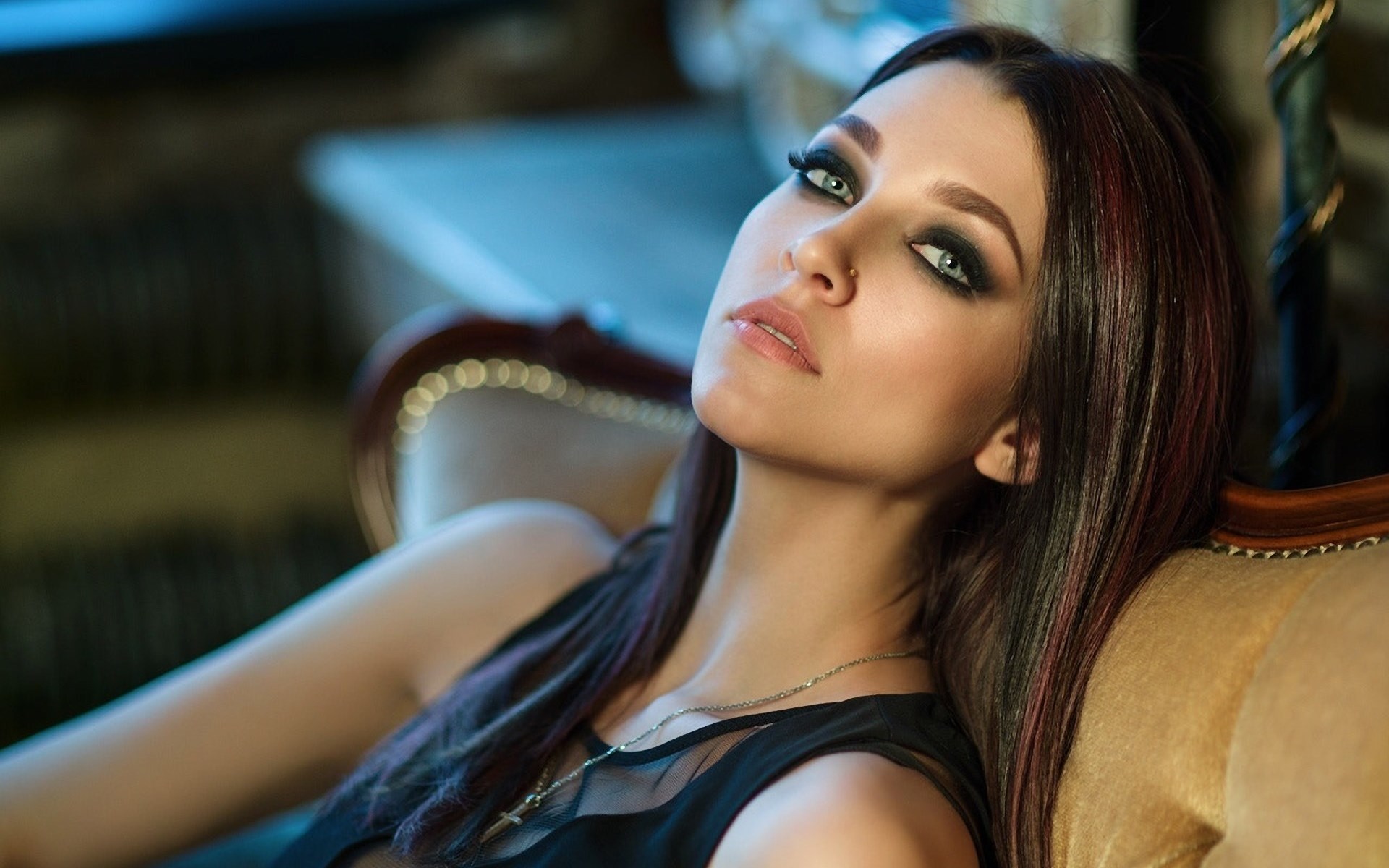 Woman with dark makeup and dark hair HD Wallpaper
