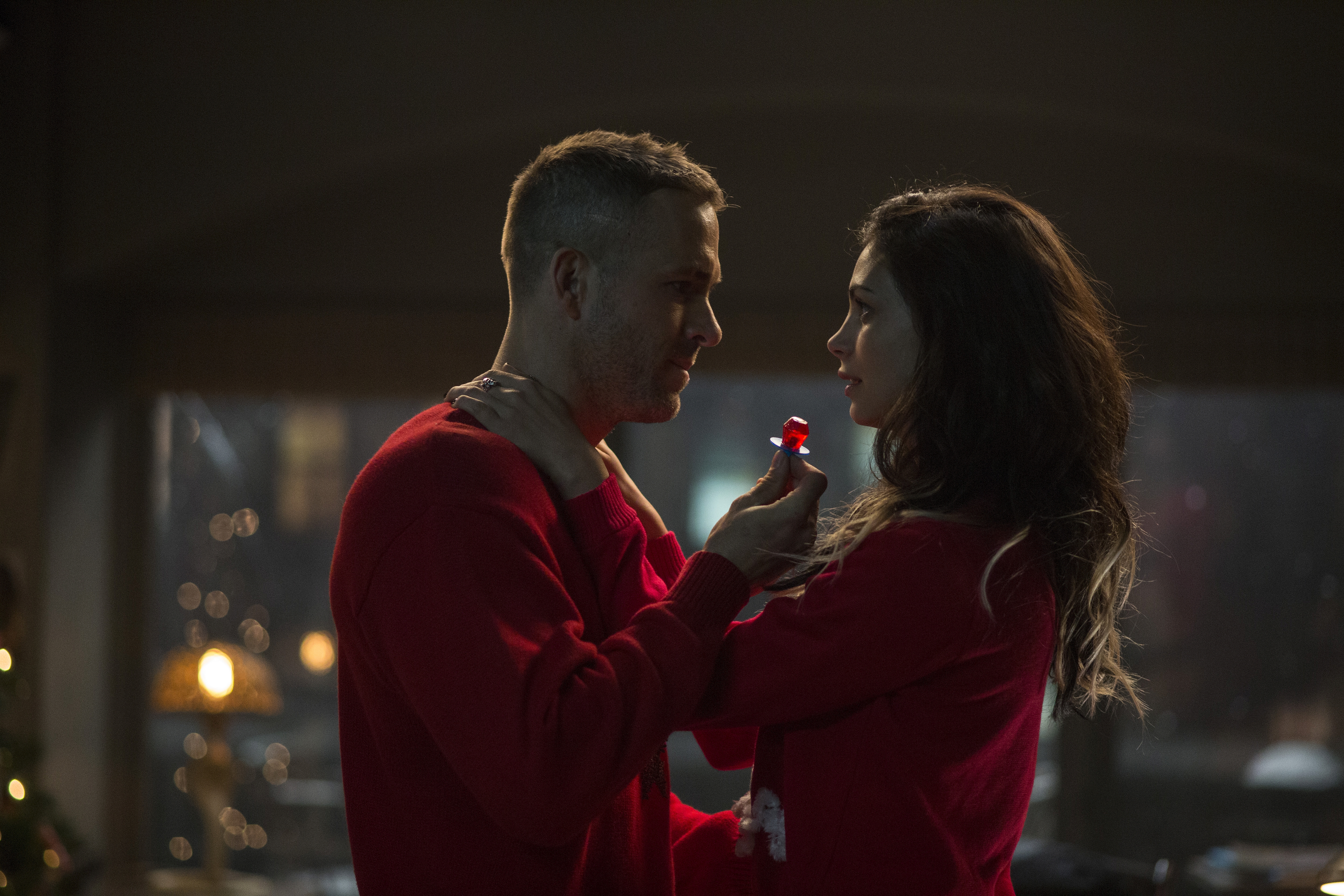 Ryan Reynolds and Morena Baccarin in Red Sweaters HD Wallpaper