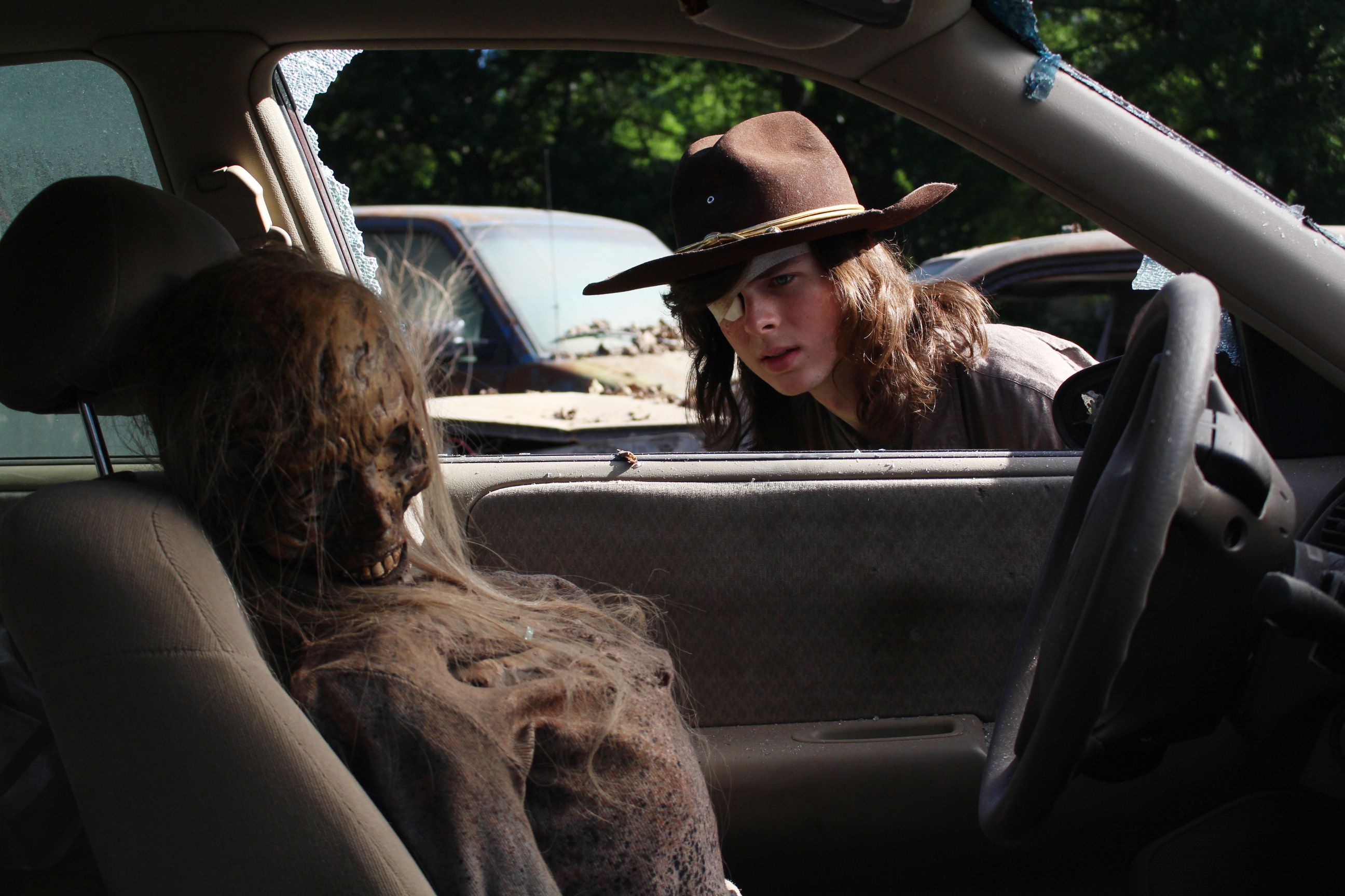 Carl Grimes from The Walking Dead in a car with a walker HD Wallpaper