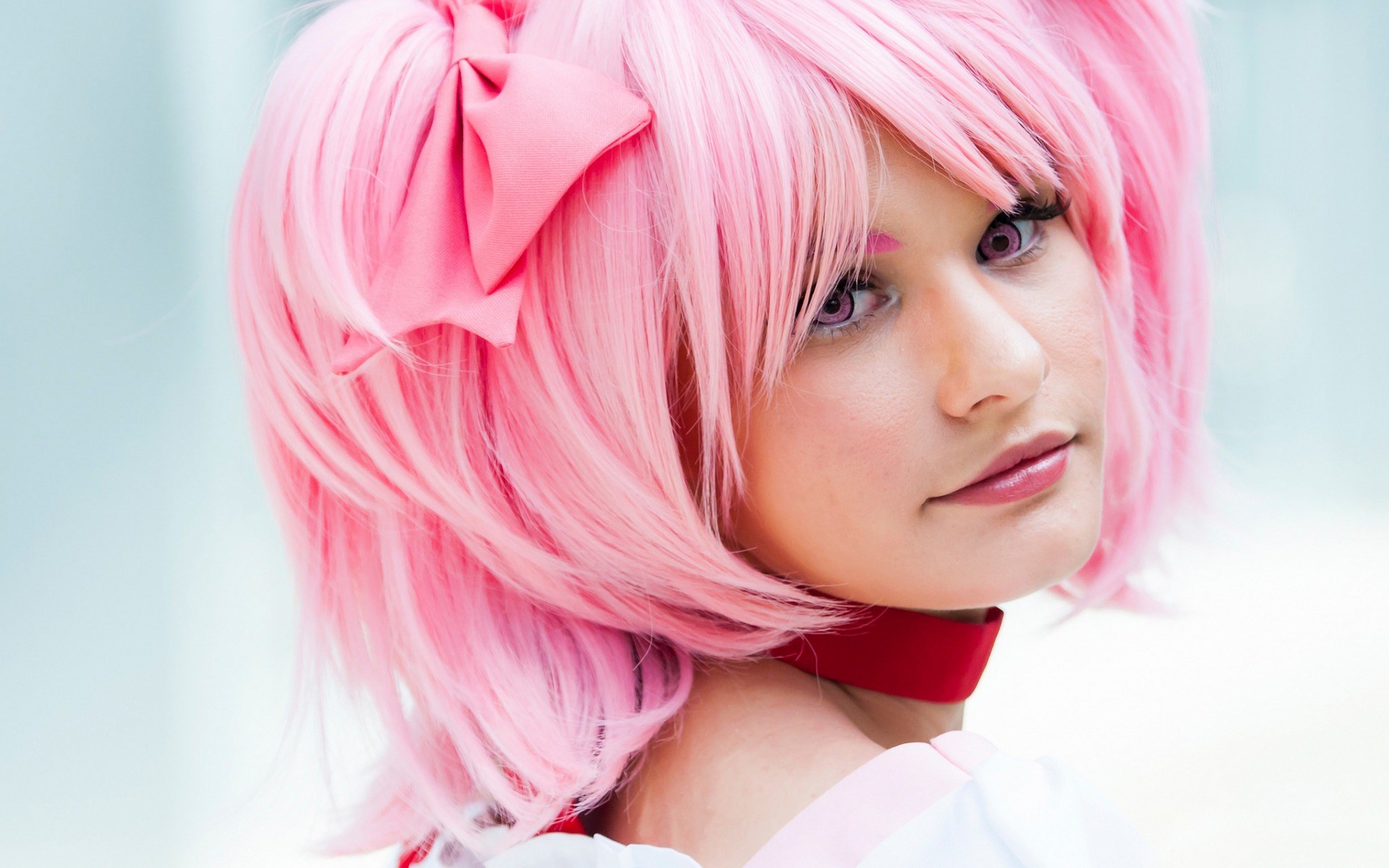 Cosplayer with pink wig and red choker HD Wallpaper