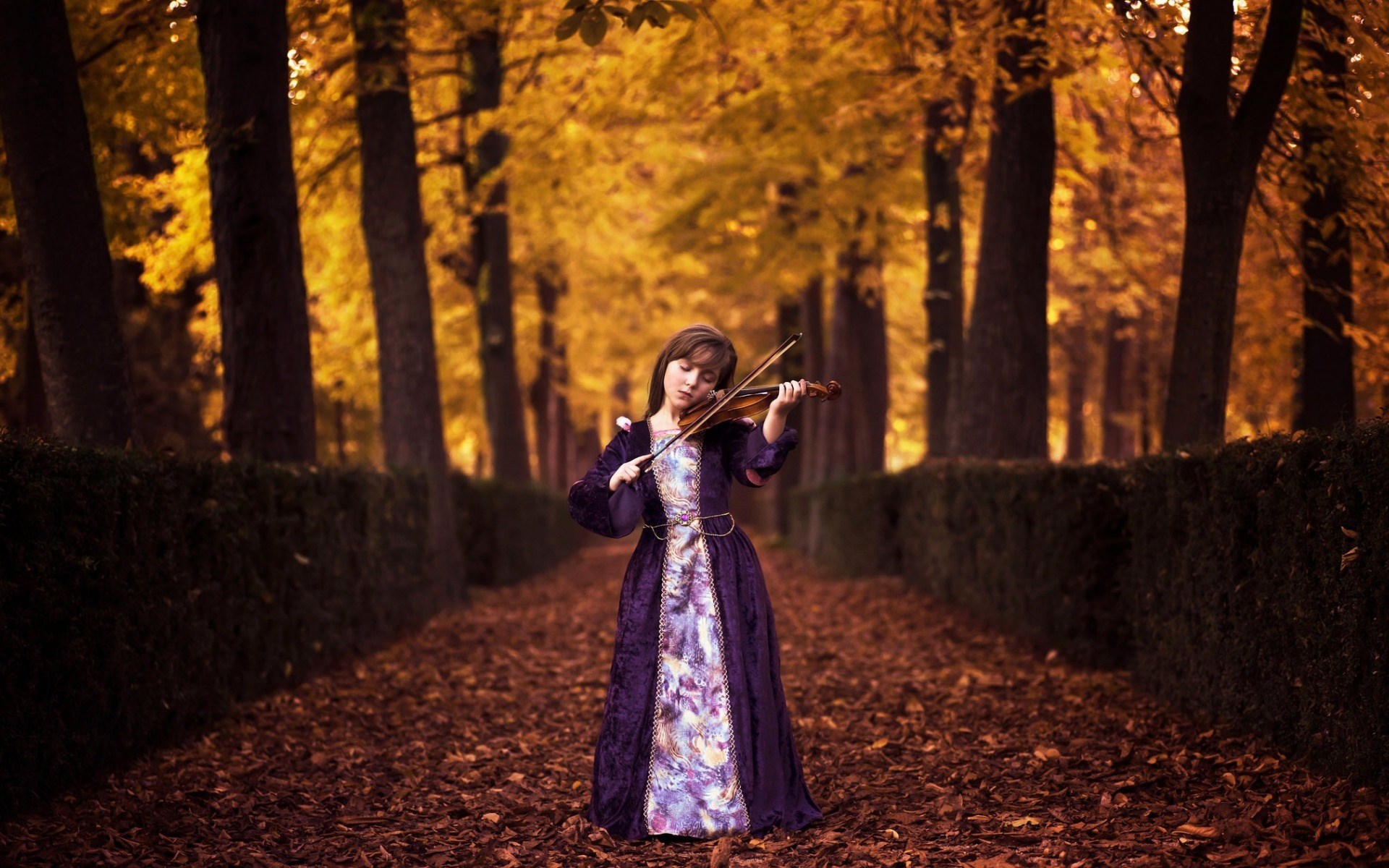 Girl playing violin in autumn forest HD Wallpaper