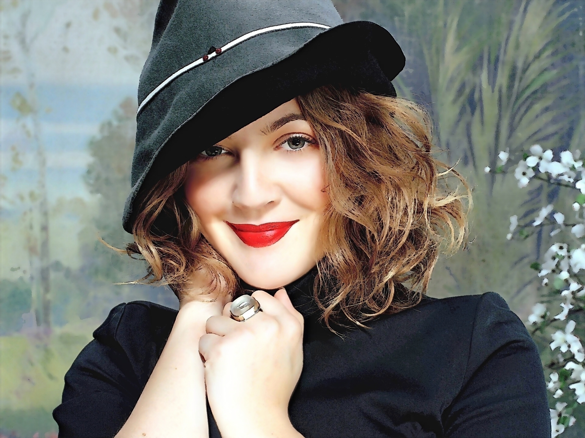 Drew Barrymore wearing a hat HD Wallpaper