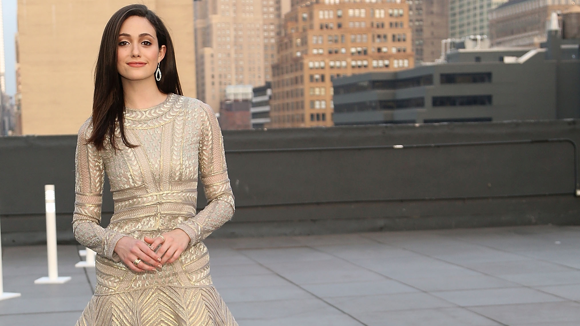 Emmy Rossum on a rooftop in New York City HD Wallpaper