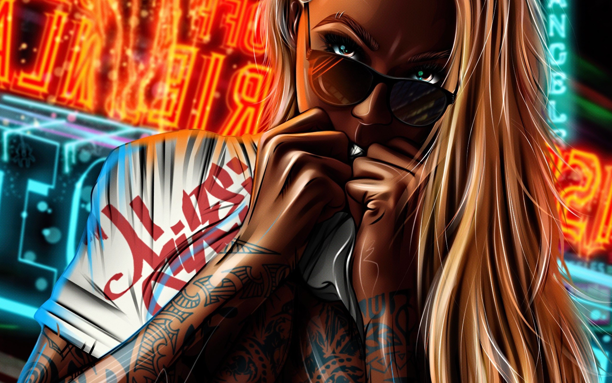 Woman with tattoos and sunglasses in neon city HD Wallpaper