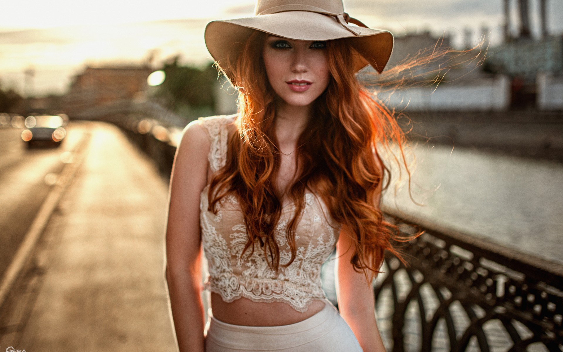 Woman with red hair wearing a hat and lace top HD Wallpaper