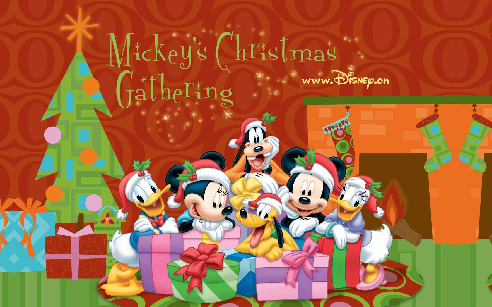 Mickey's Christmas Gathering with Disney Characters HD Wallpaper