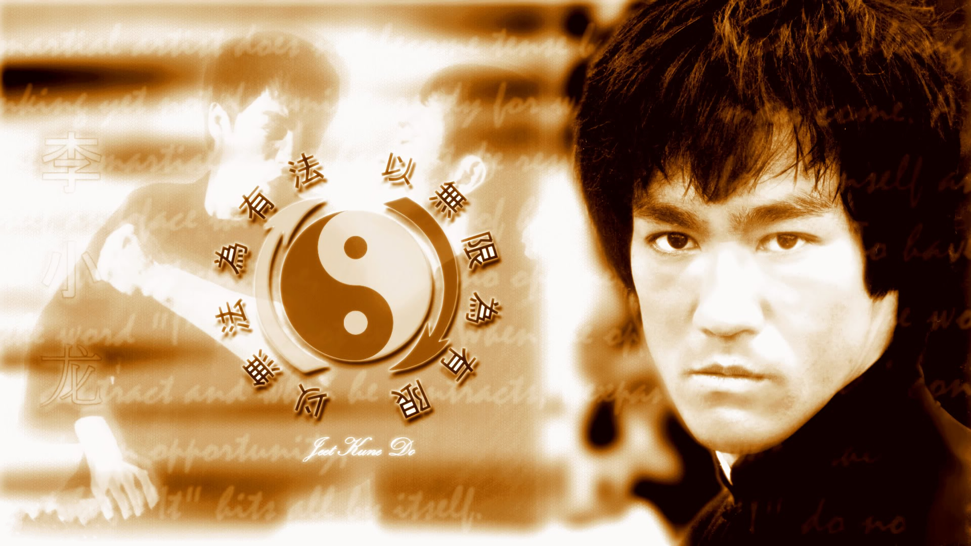 Bruce Lee with Yin Yang and Chinese Characters HD Wallpaper