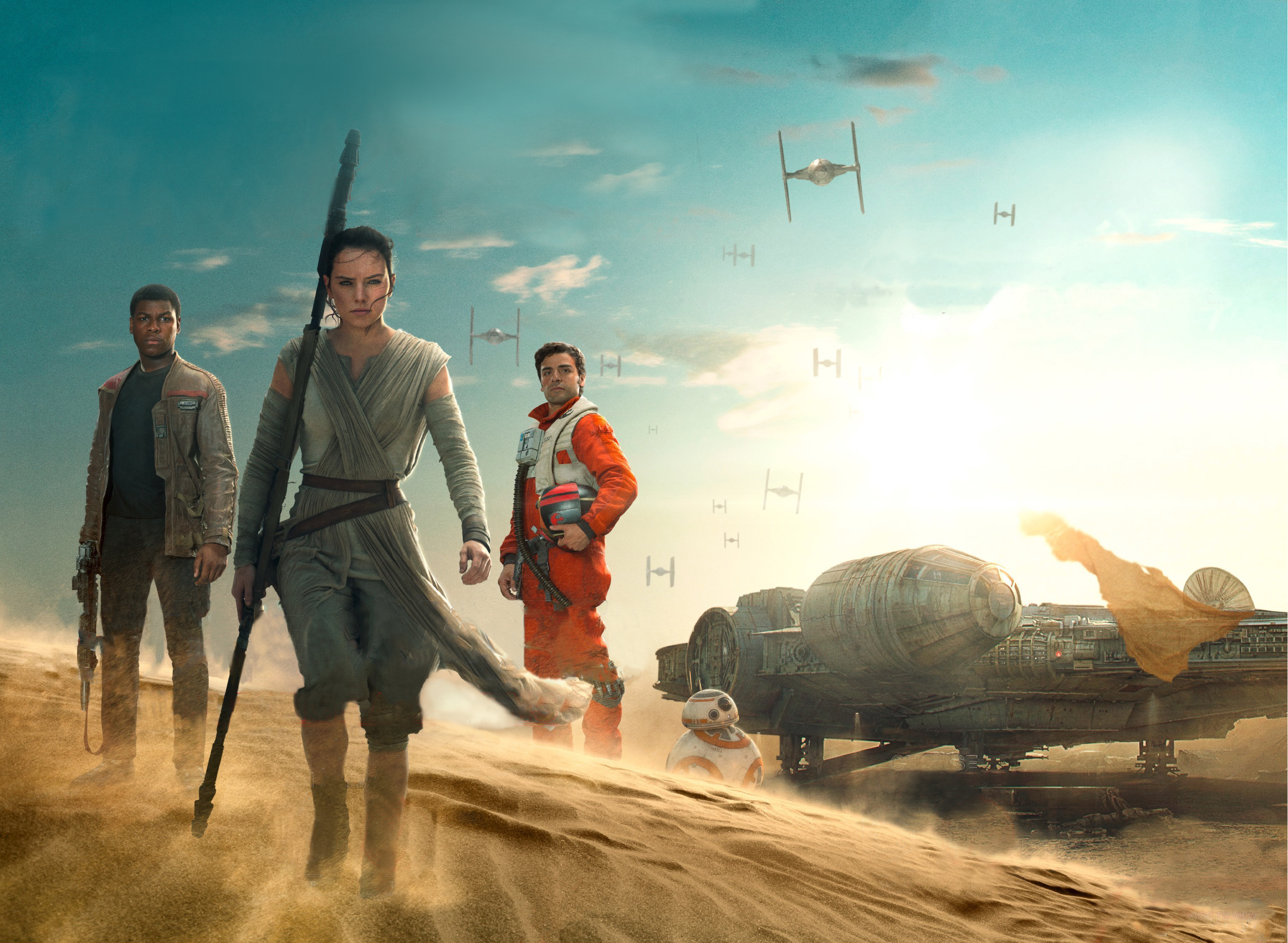 Rey, Finn, Poe, BB-8, and Millennium Falcon on Jakku HD Wallpaper