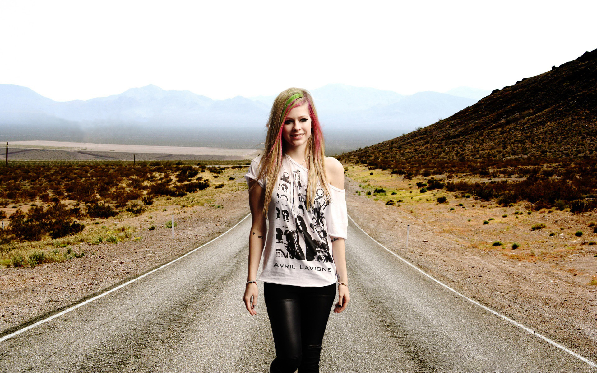 Avril Lavigne with Colorful Hair on Desert Road HD Wallpaper