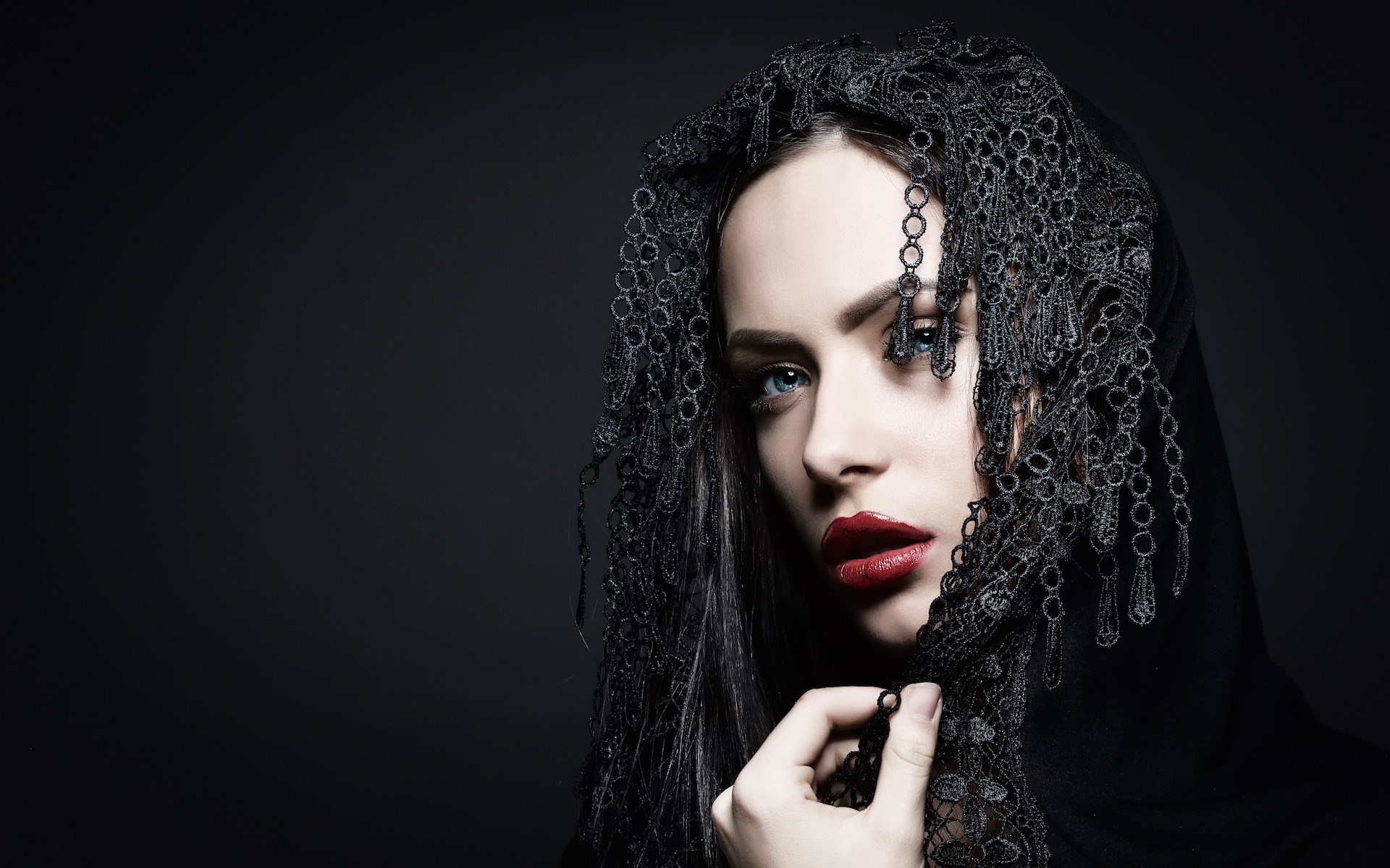 Woman in black veil with red lipstick HD Wallpaper