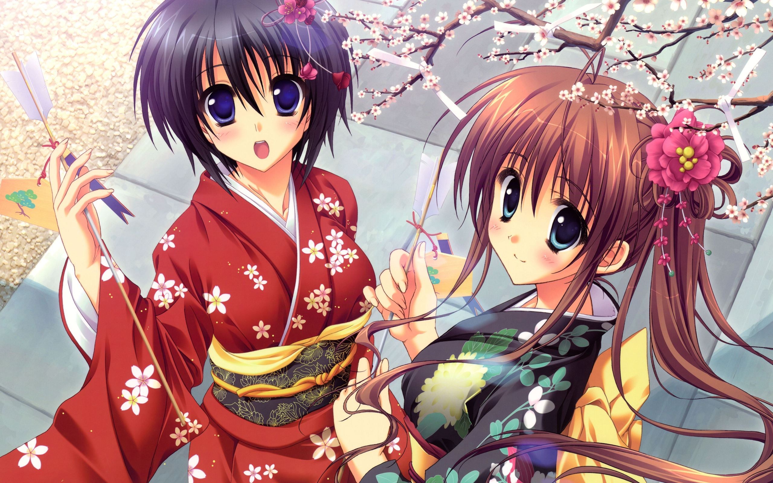 Two anime girls in kimonos under cherry blossoms HD Wallpaper