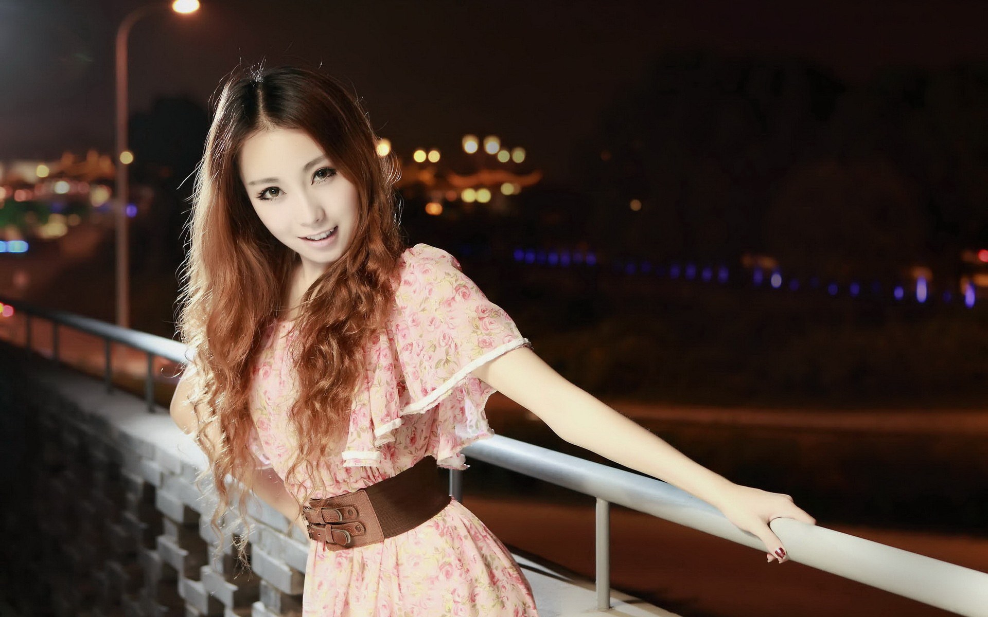 Woman in floral dress at night HD Wallpaper