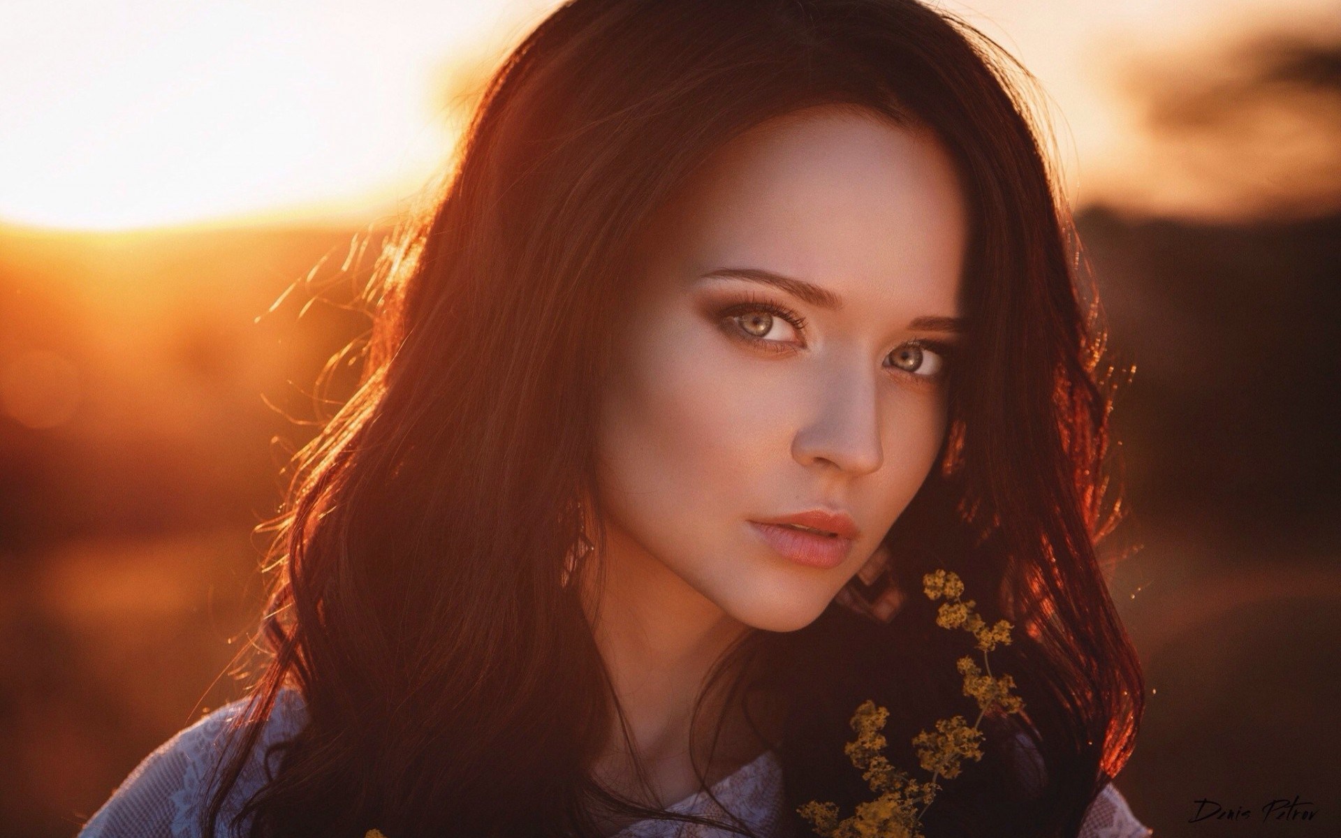 Woman with long dark hair at sunset HD Wallpaper