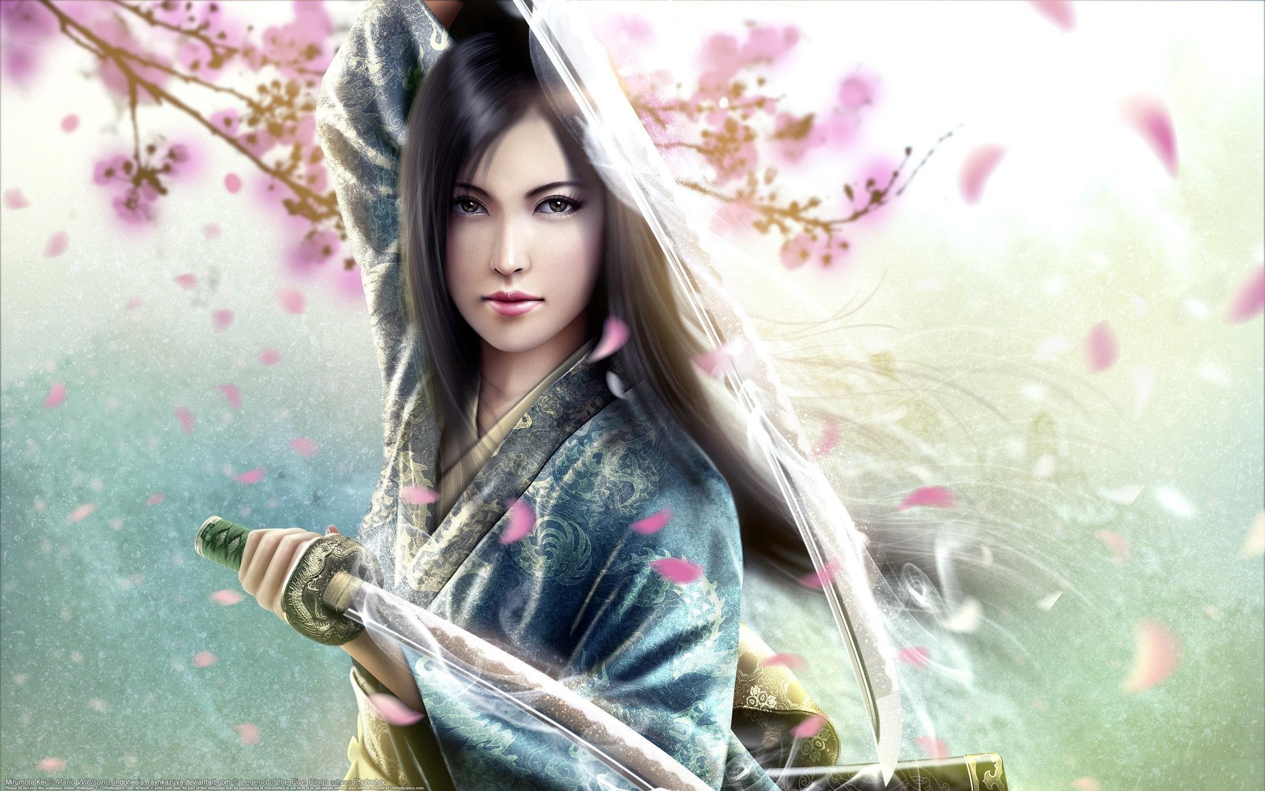 Samurai woman with sword and cherry blossoms HD Wallpaper