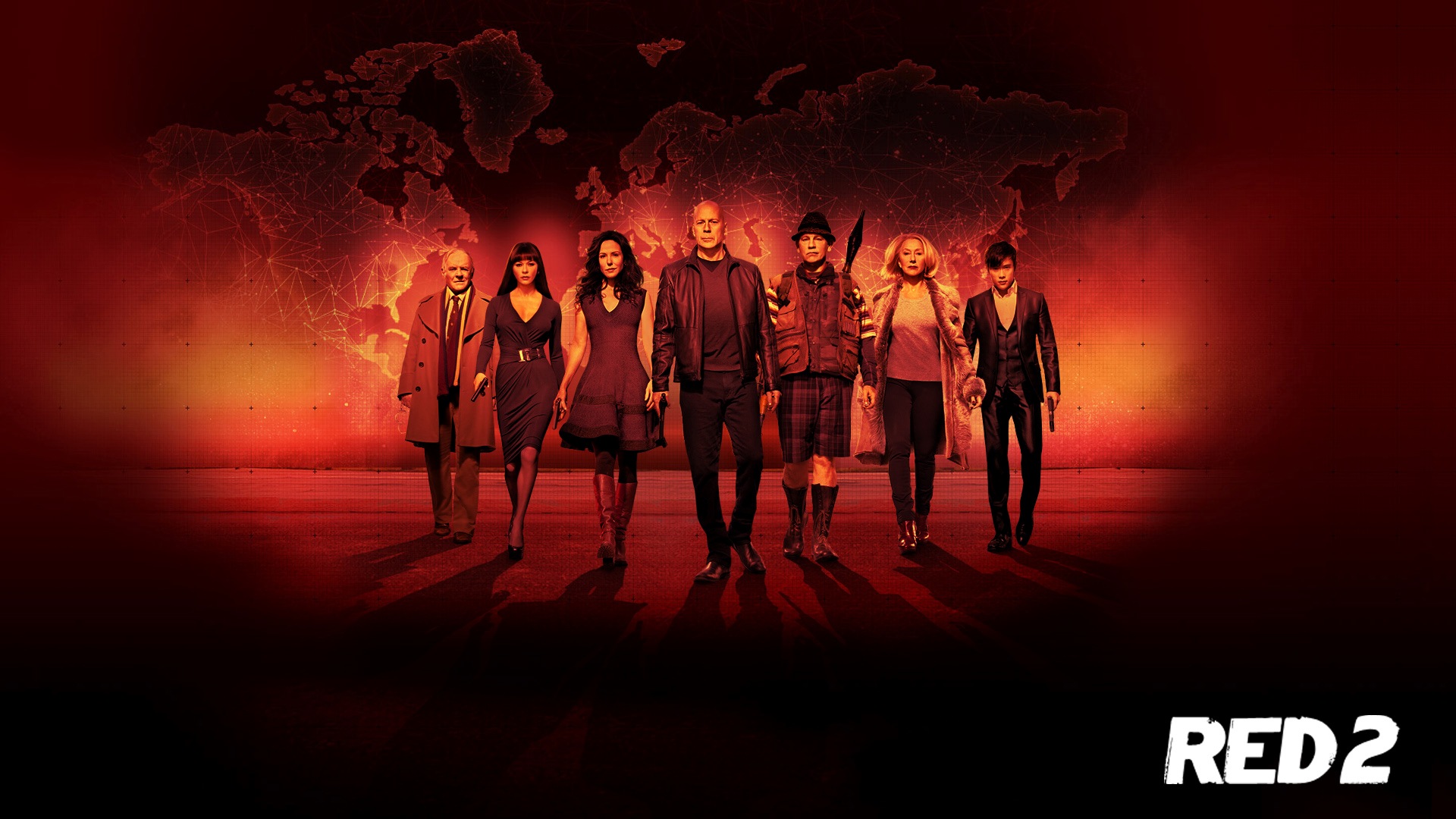 Red 2 Cast with World Map Background HD Wallpaper