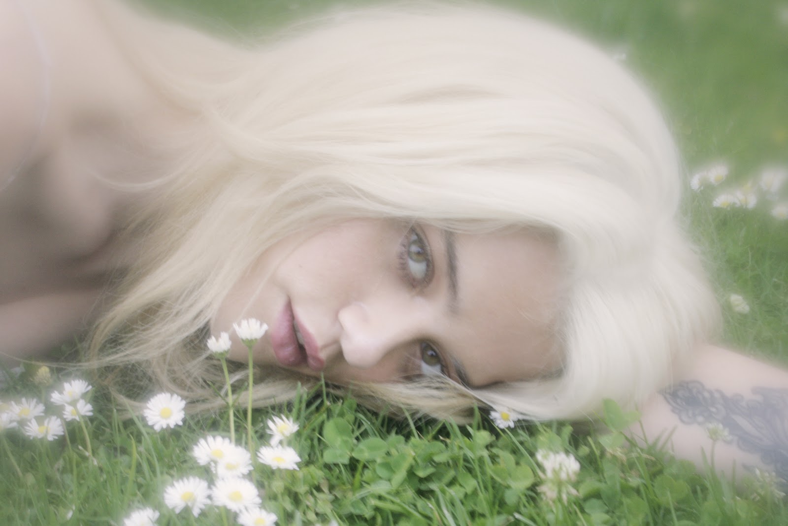 Sky Ferreira lying in grass with daisies HD Wallpaper