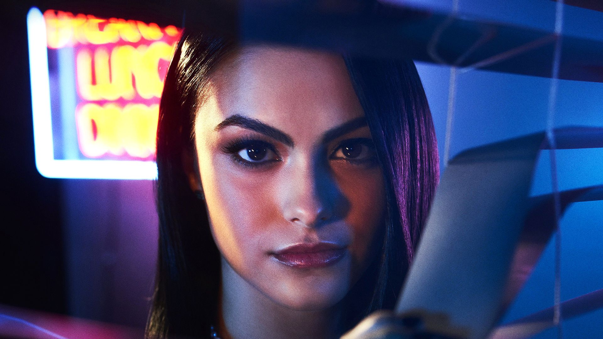 Camila Mendes in front of neon sign HD Wallpaper
