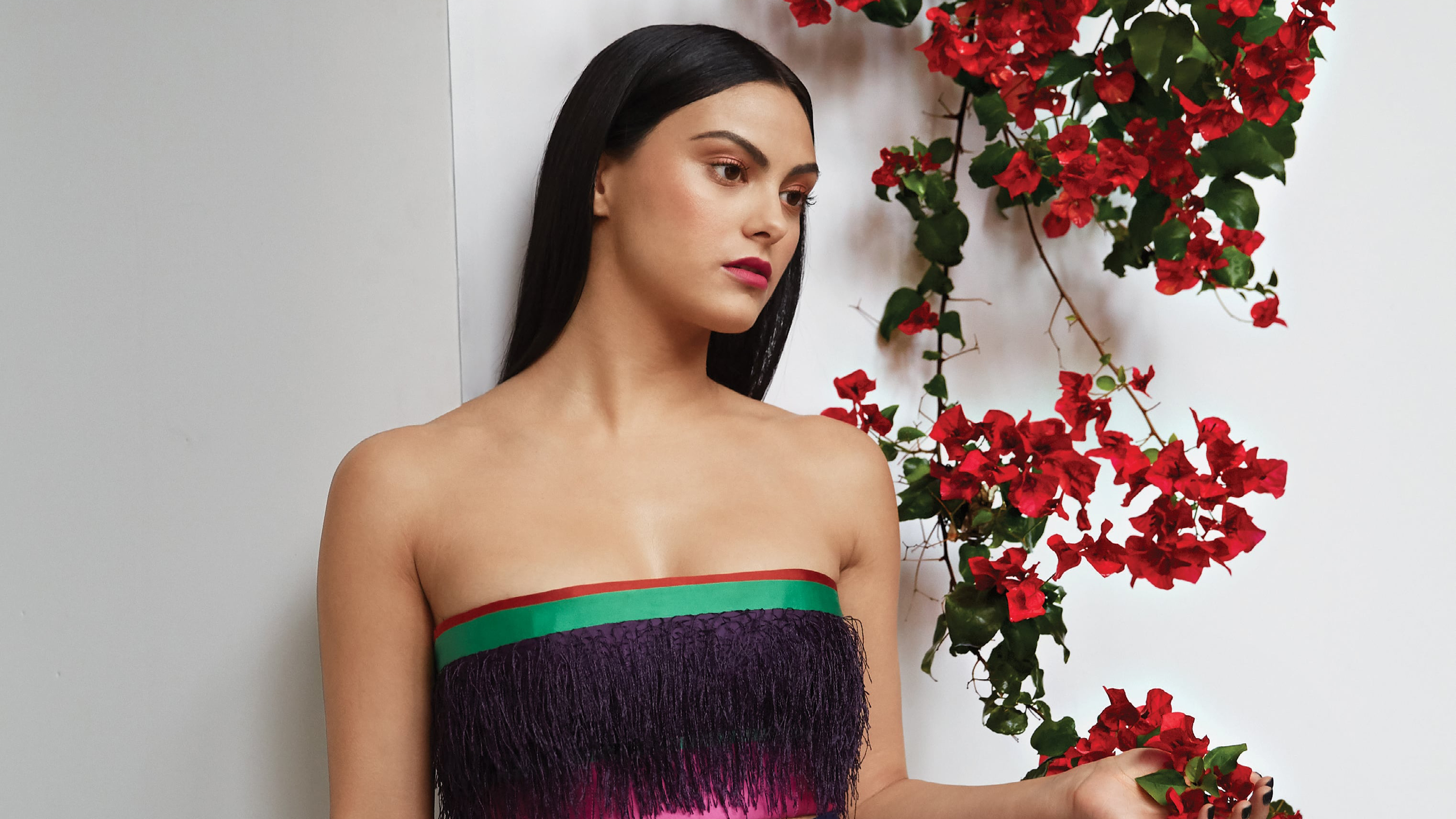 Camila Mendes with red bougainvillea HD Wallpaper