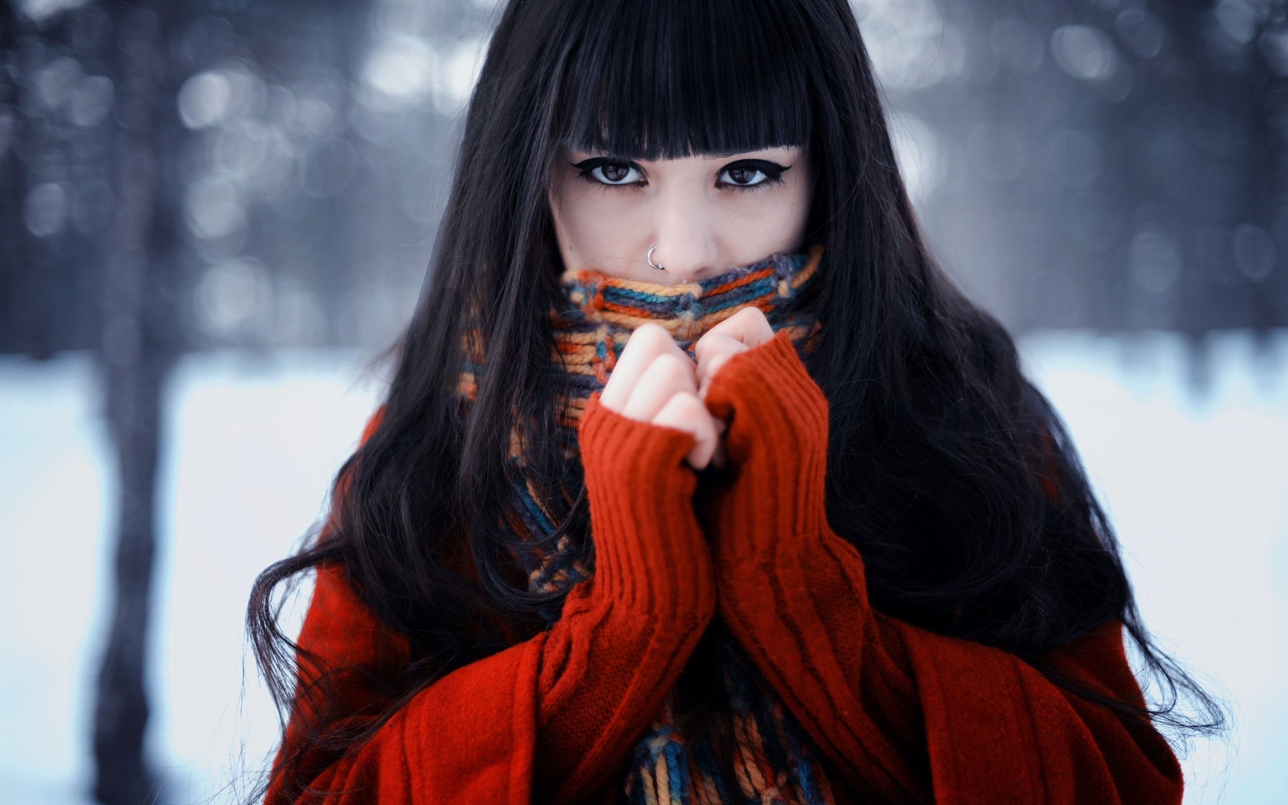 Woman in red sweater and scarf in winter HD Wallpaper