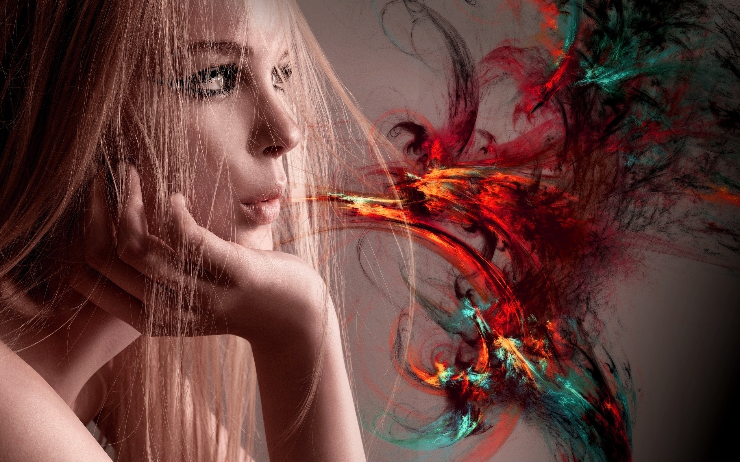 Woman with abstract colorful smoke coming from her mouth HD Wallpaper