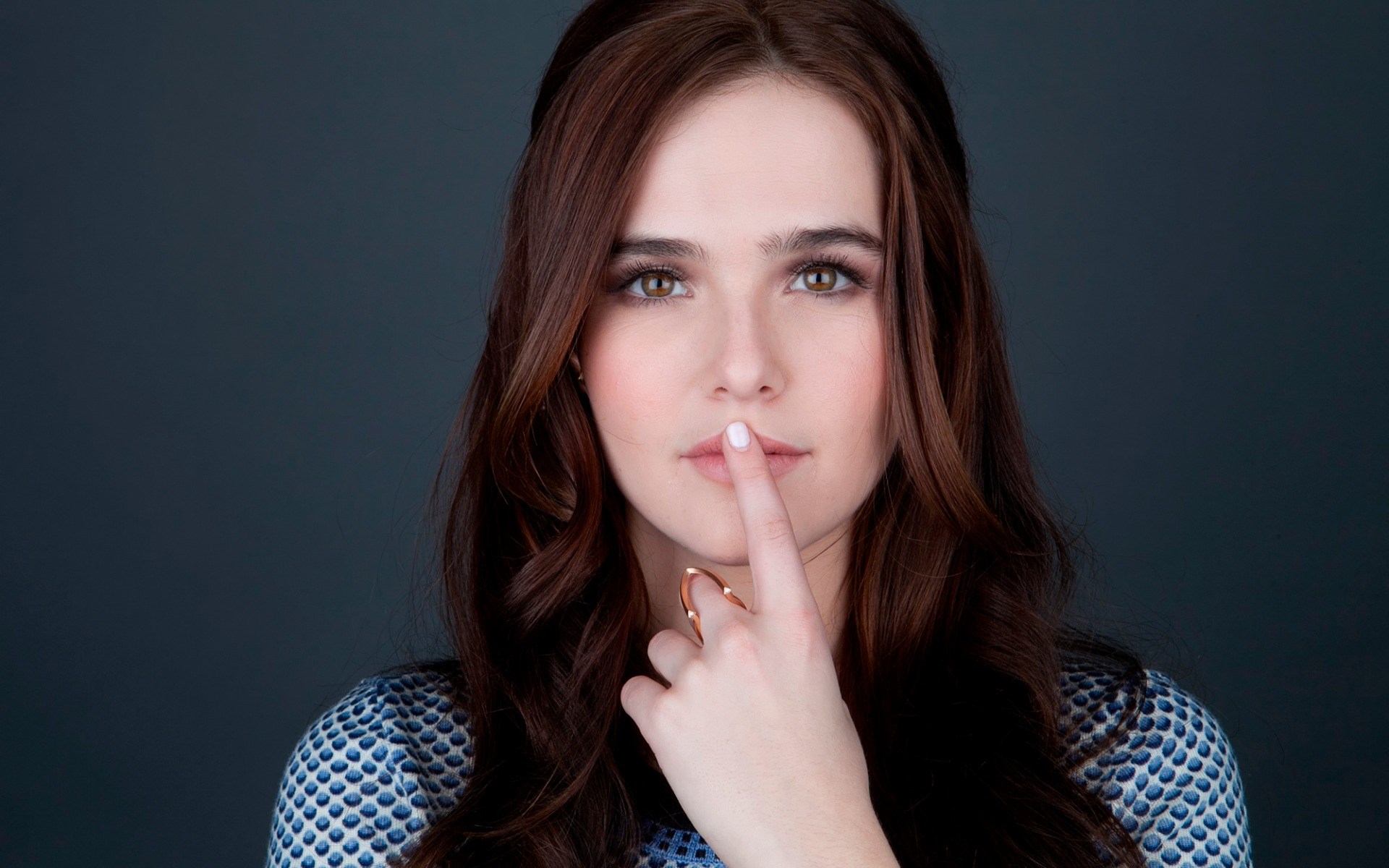 Zoey Deutch with finger on lips HD Wallpaper