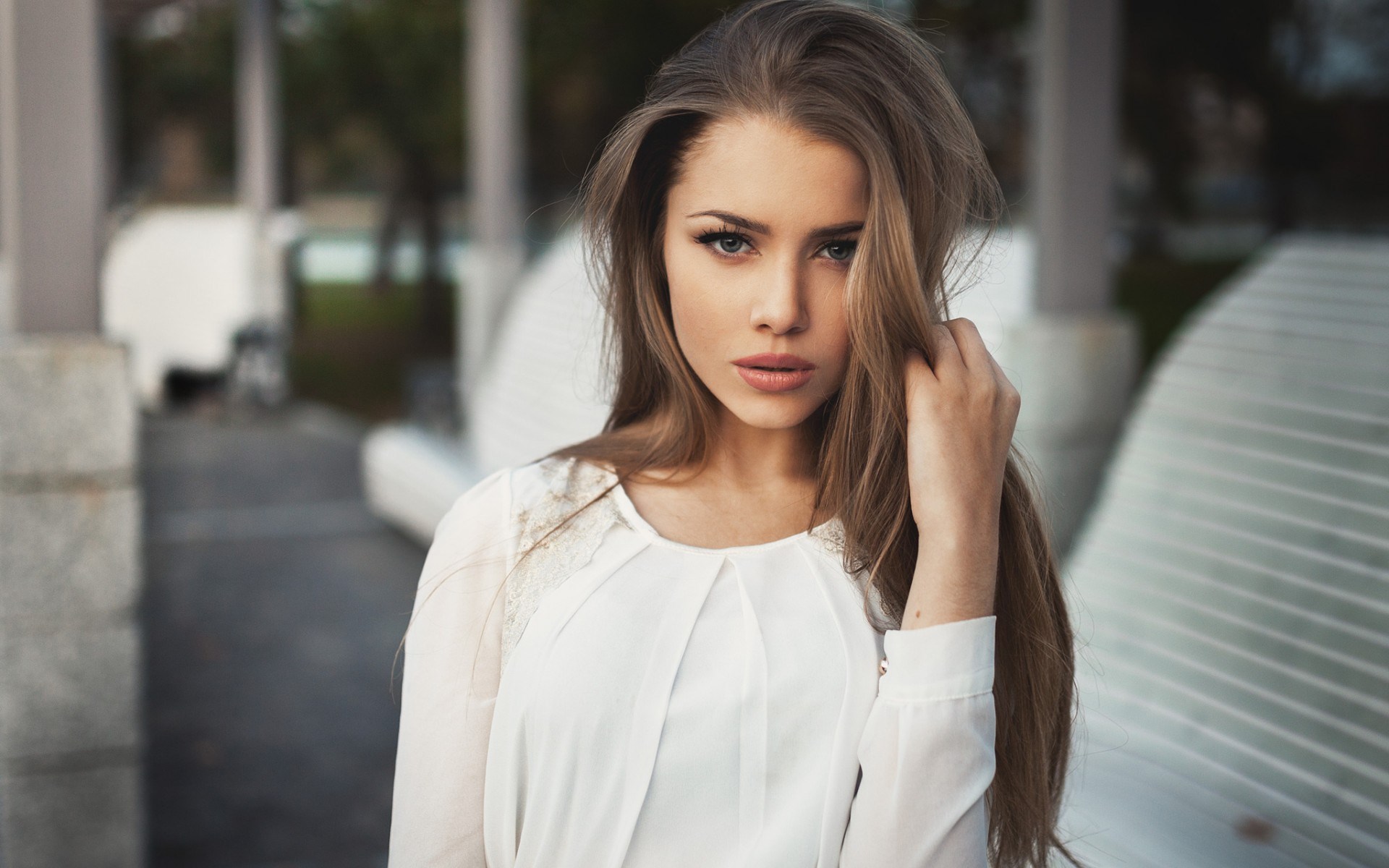 Woman with long brown hair wearing a white blouse HD Wallpaper