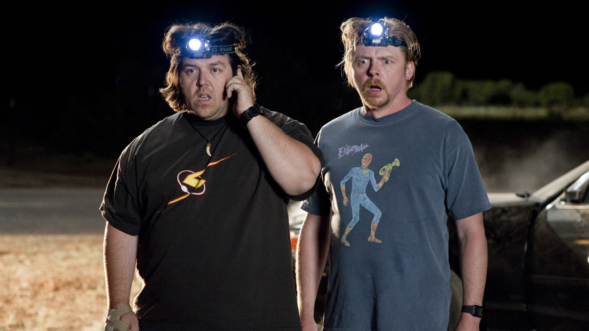 Simon Pegg and Nick Frost with headlamps HD Wallpaper