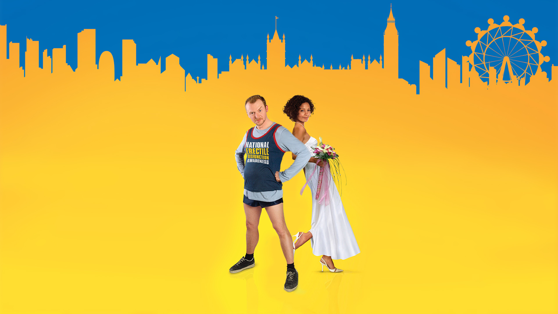 Simon Pegg and actress in front of London skyline HD Wallpaper