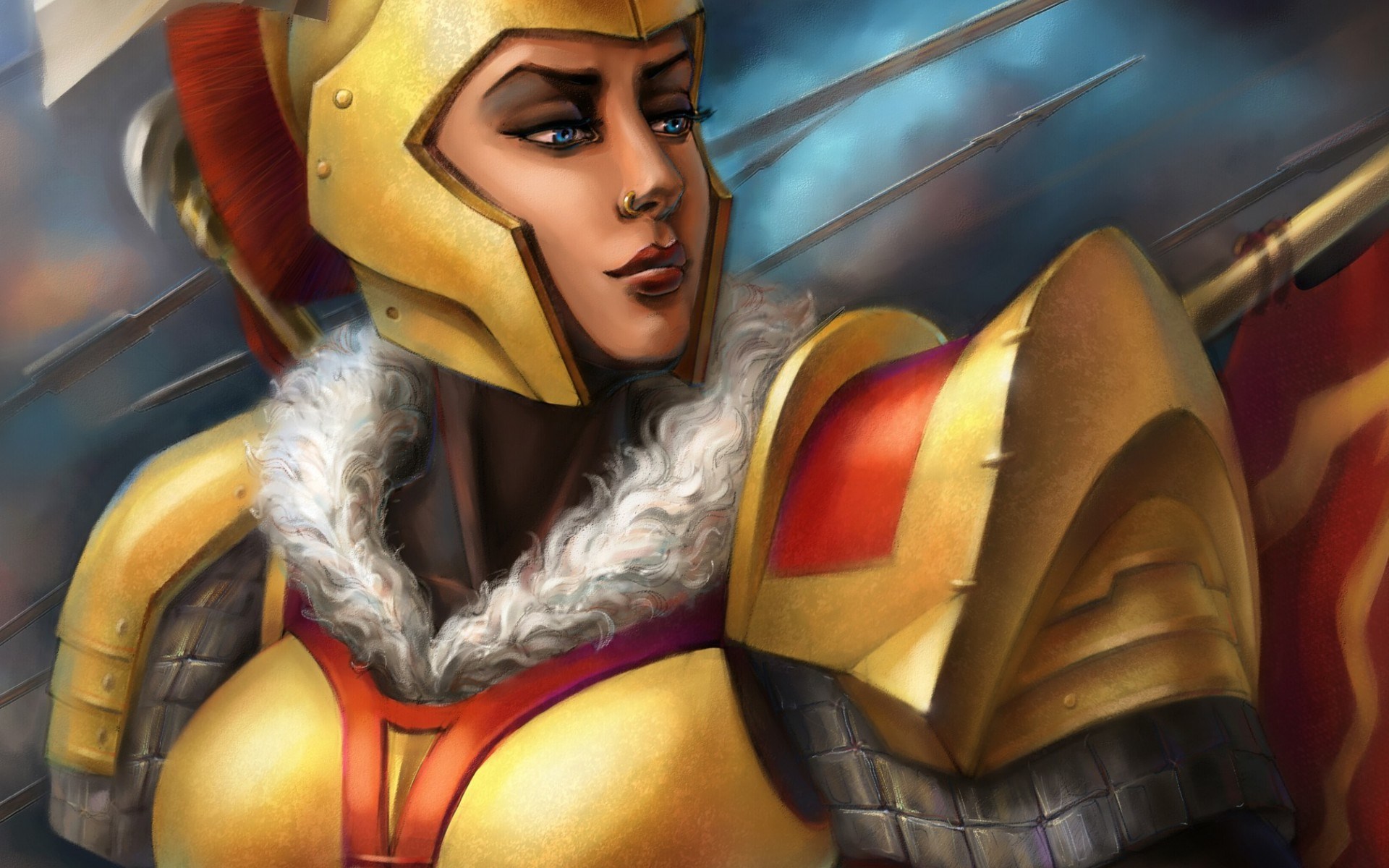 Woman in golden armor with red accents HD Wallpaper