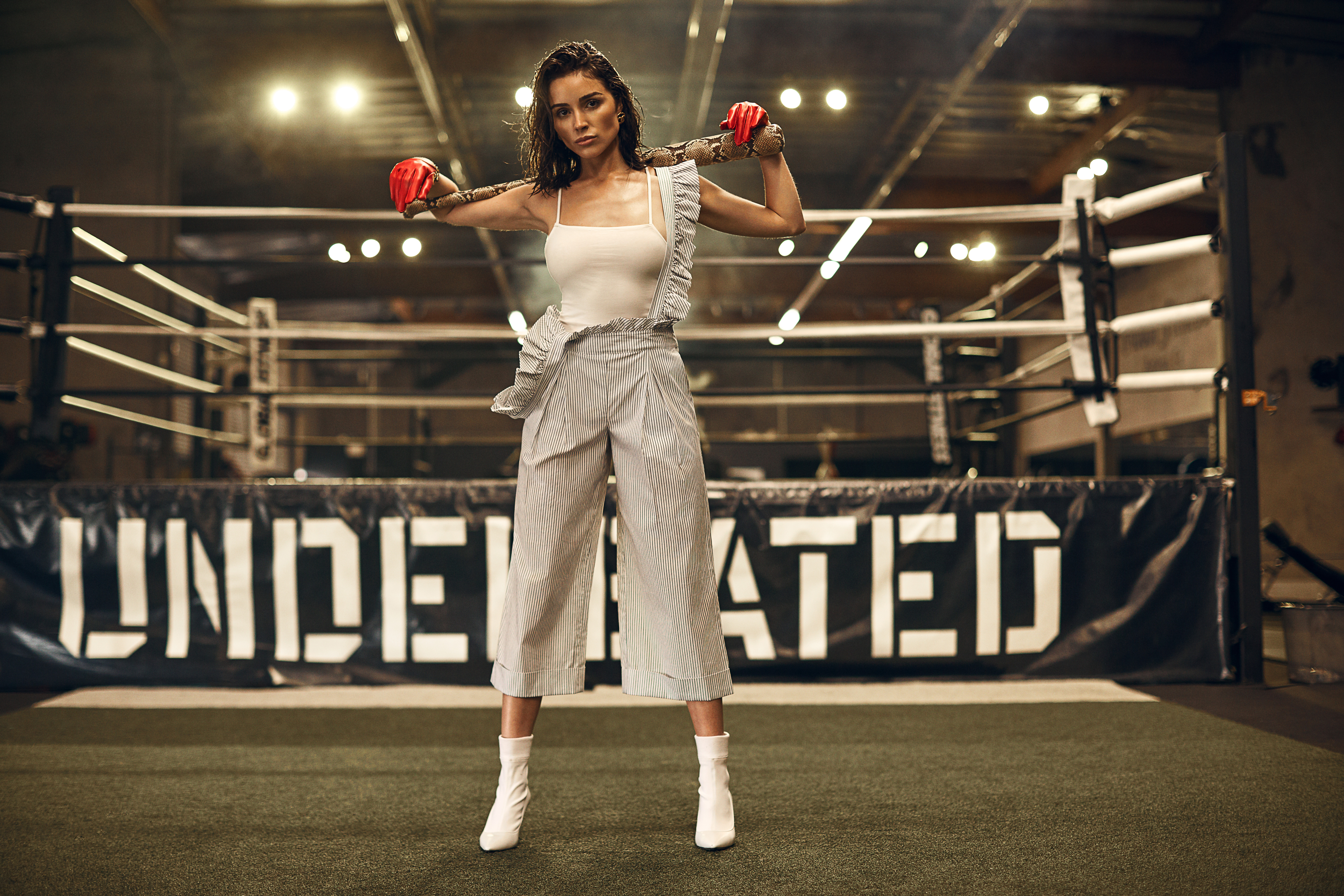 Olivia Culpo in boxing ring with boxing gloves HD Wallpaper