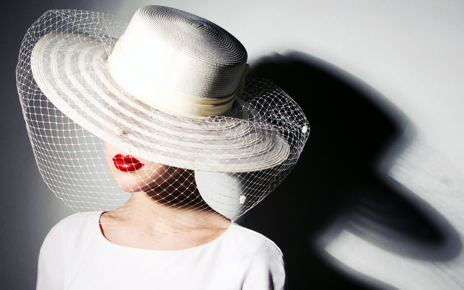 Woman in white hat with veil and red lipstick HD Wallpaper