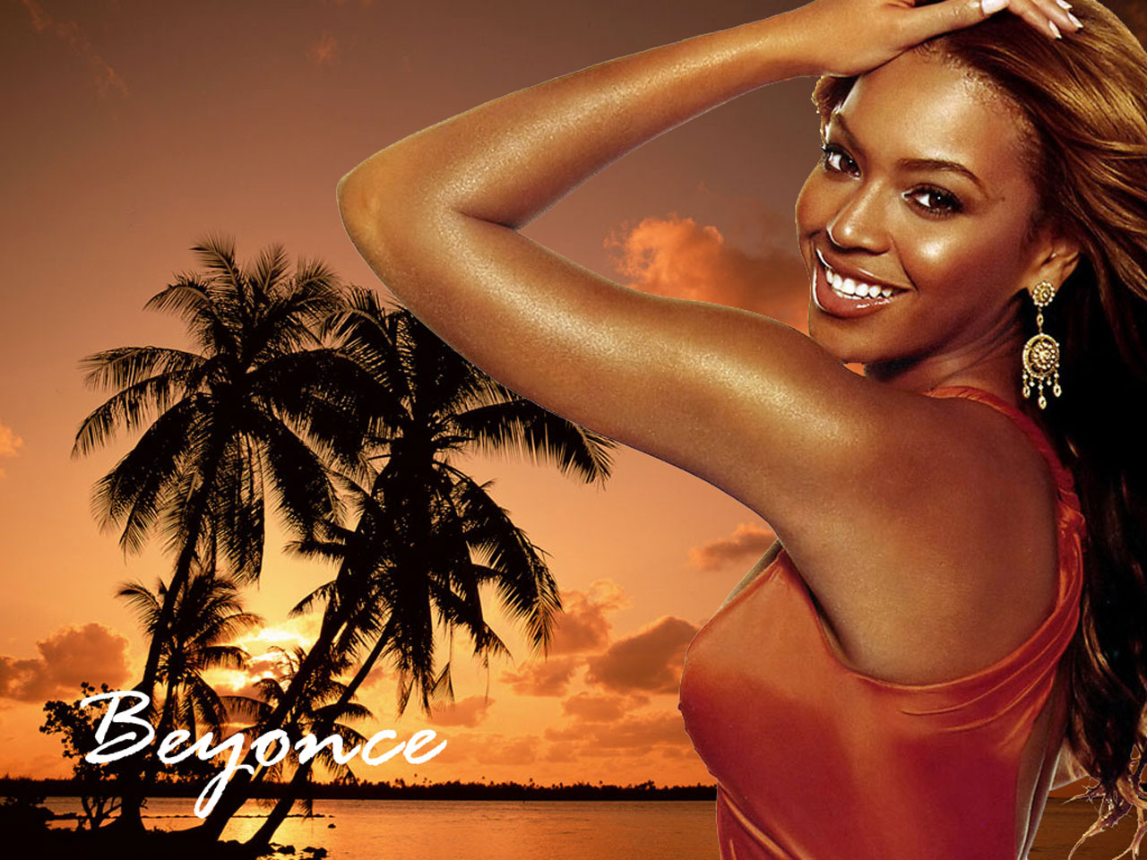 Beyoncé Knowles on a tropical beach at sunset HD Wallpaper