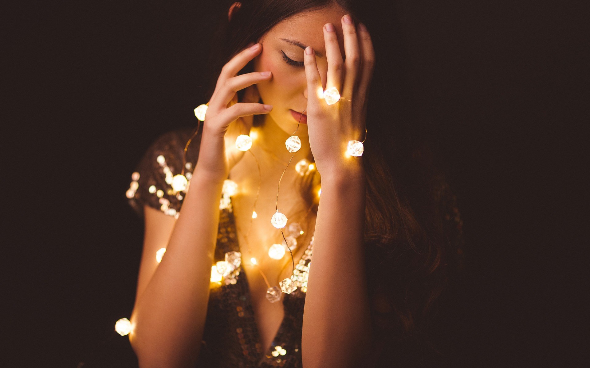 Woman with fairy lights HD Wallpaper