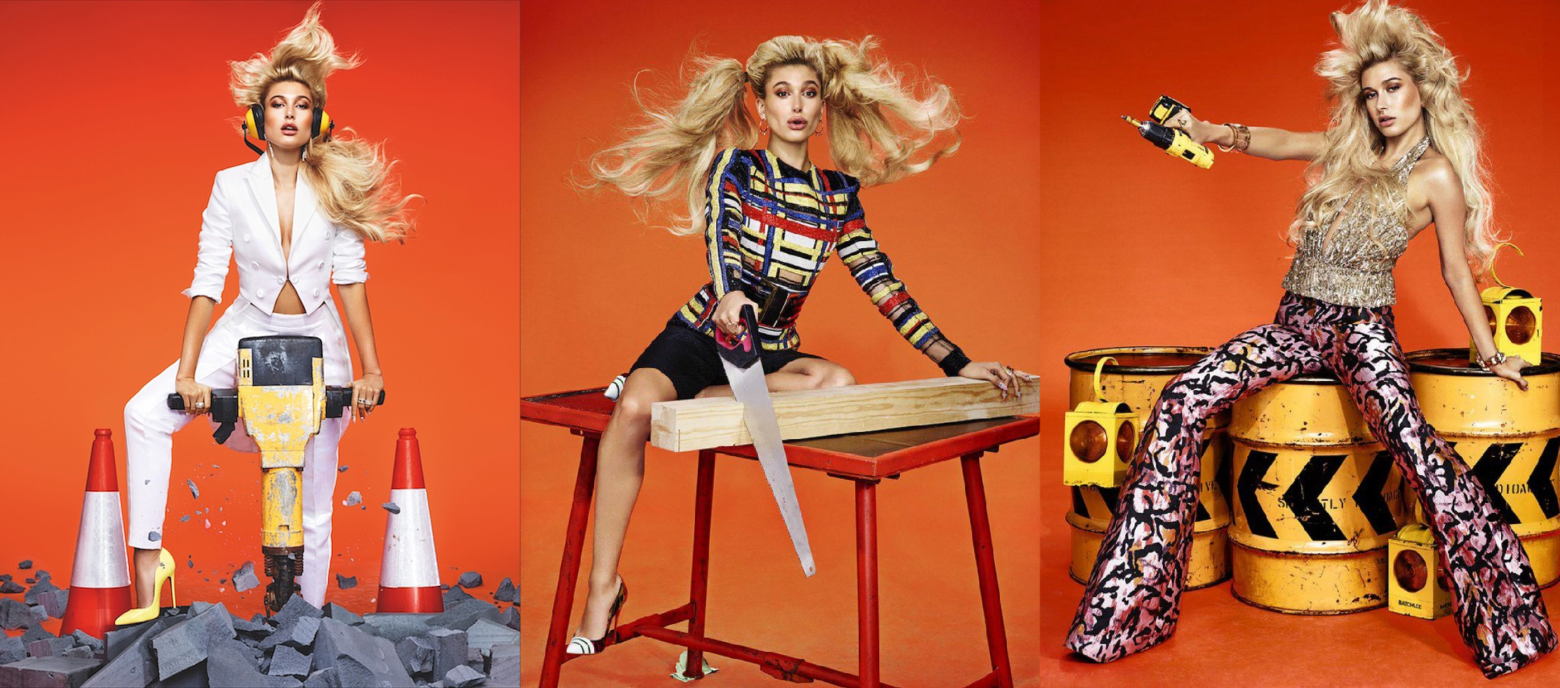 Hailey Baldwin with construction tools HD Wallpaper
