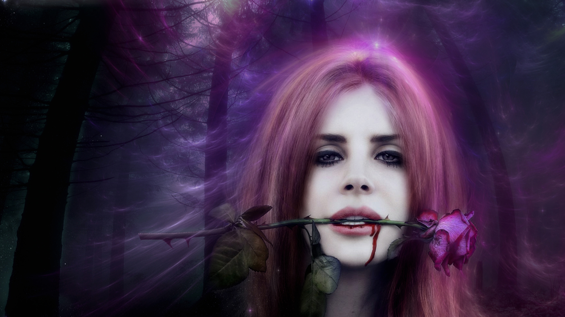 Lana Del Rey with a rose in a dark forest HD Wallpaper