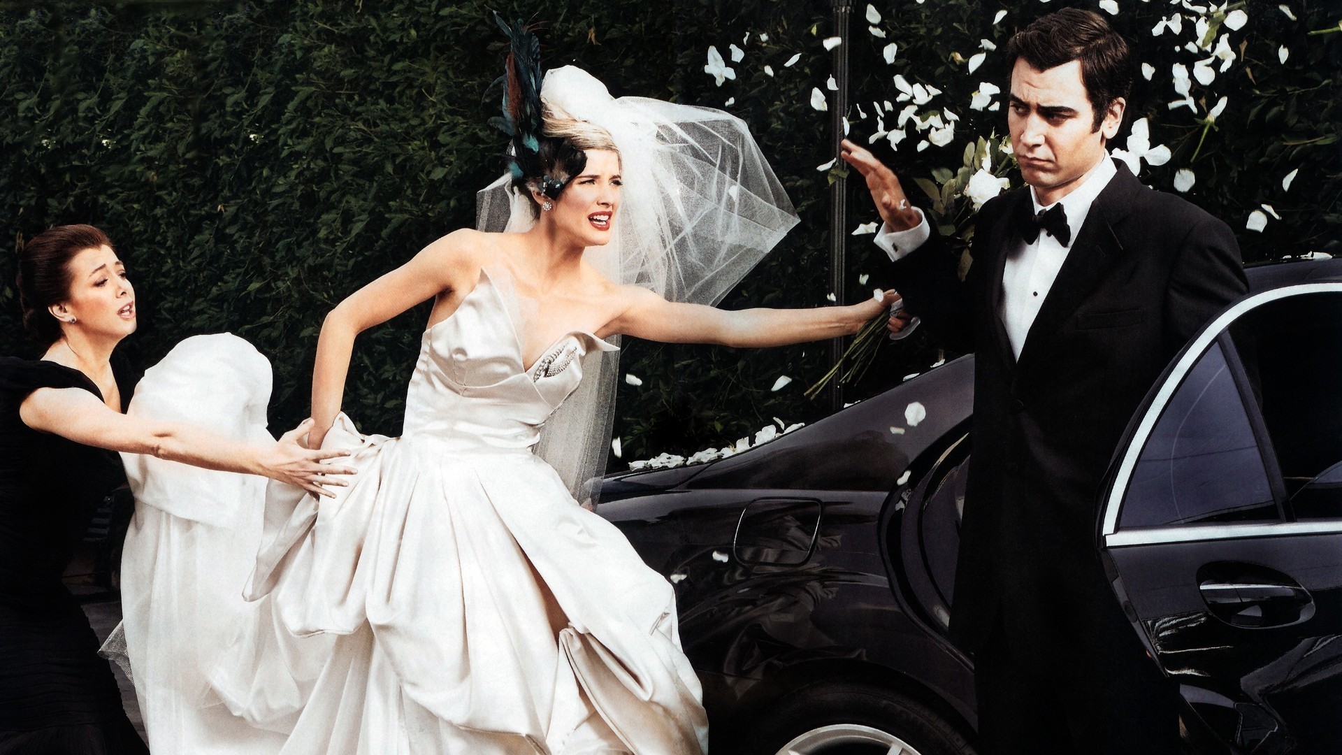 Bride and groom arguing by a car HD Wallpaper
