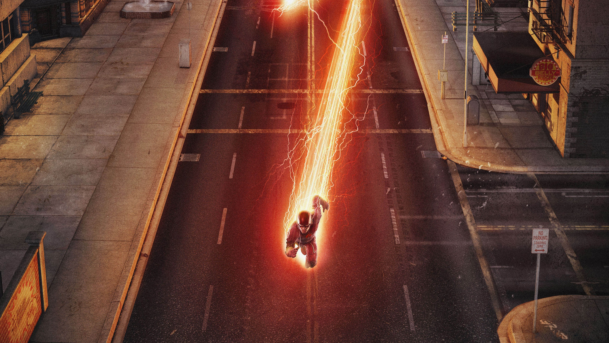 The Flash running down a city street HD Wallpaper