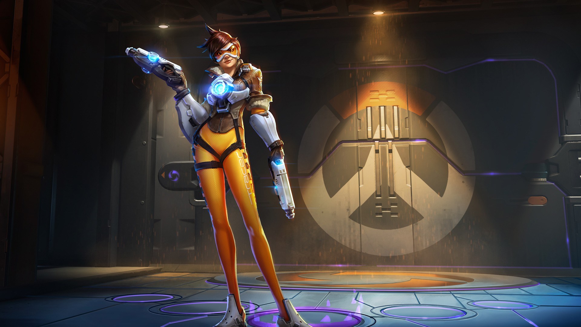 Tracer from Overwatch holding guns HD Wallpaper
