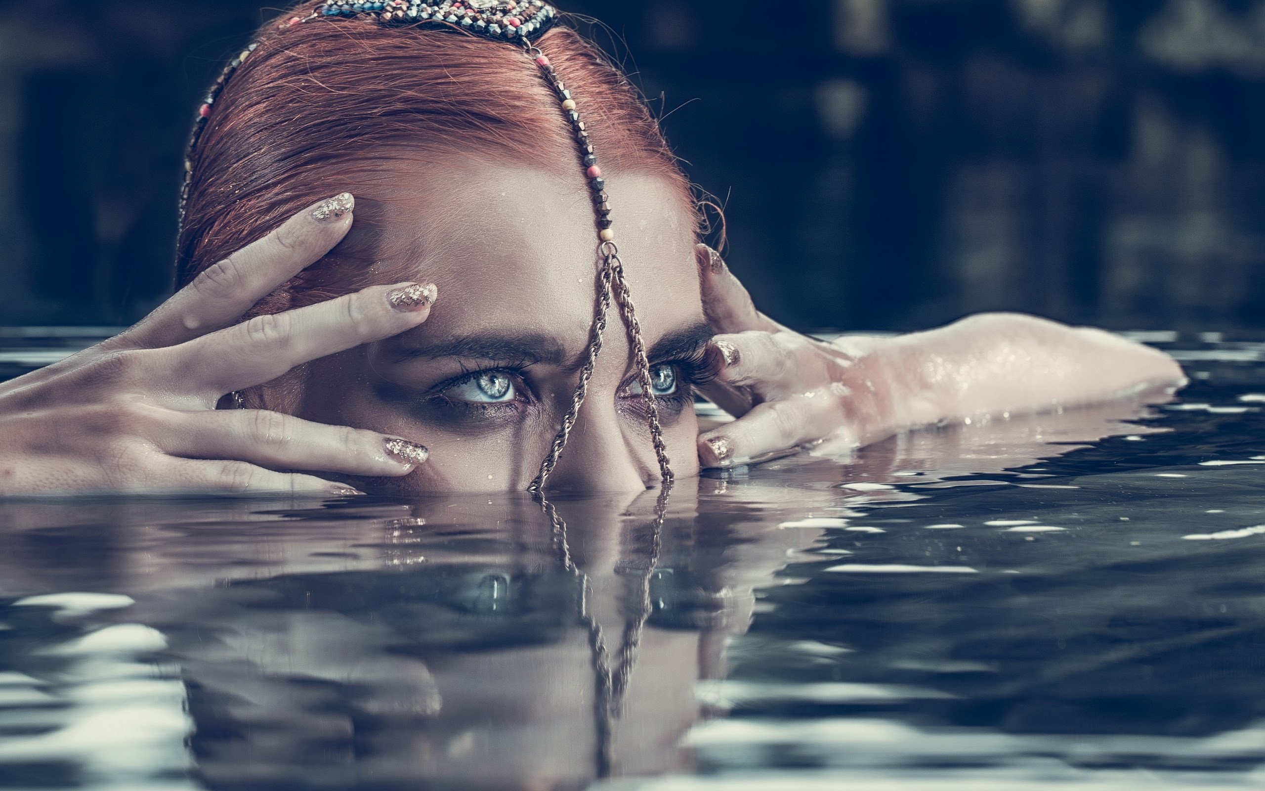 Woman with red hair and blue eyes in water HD Wallpaper