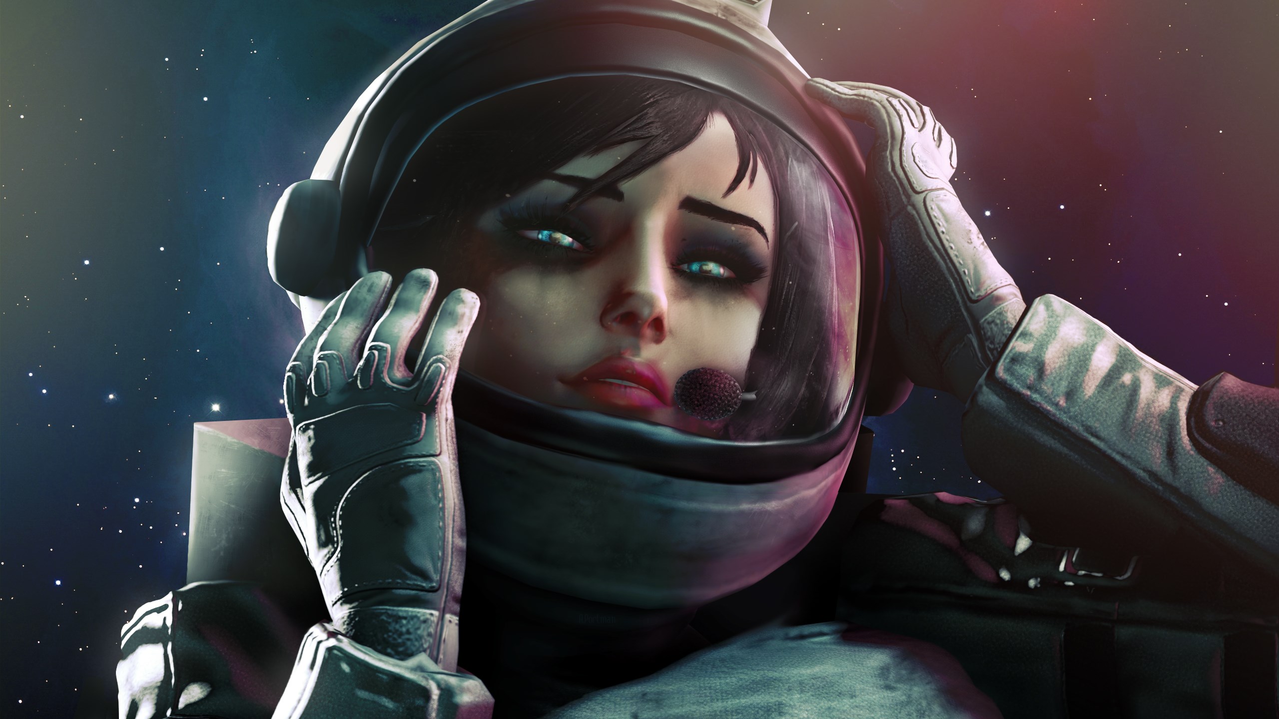 Woman in astronaut suit in space HD Wallpaper
