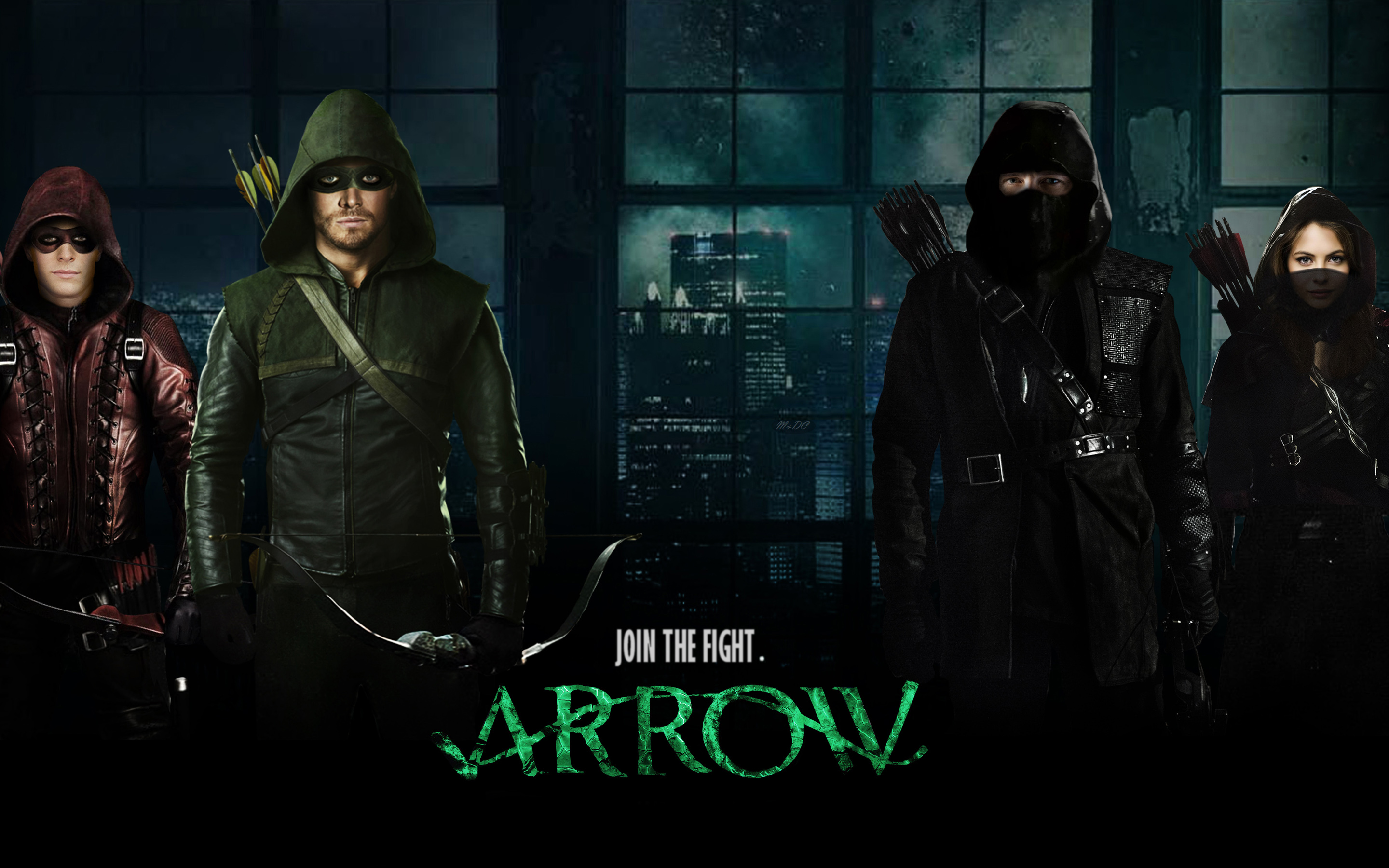 Arrow characters in front of city skyline HD Wallpaper